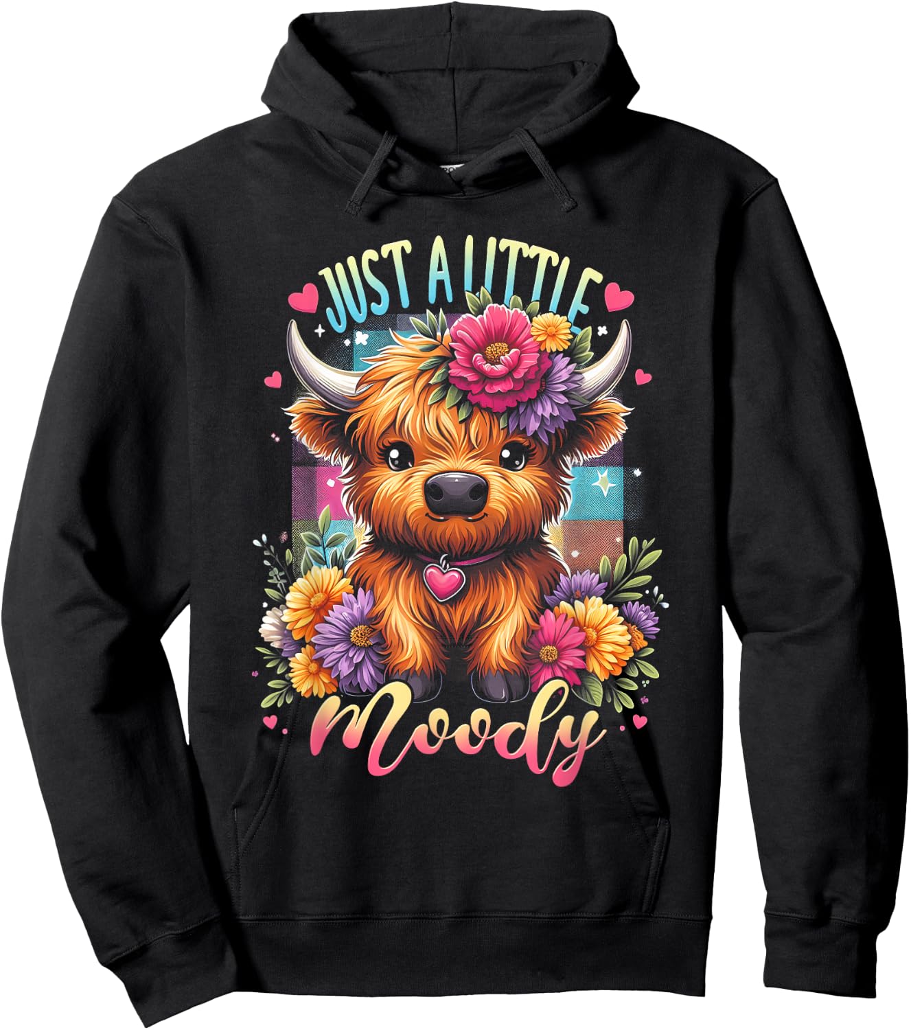 Highland Cow Just A-Little Moody Flower Funny Farm Farmer Hoodie - Hoodie | Black