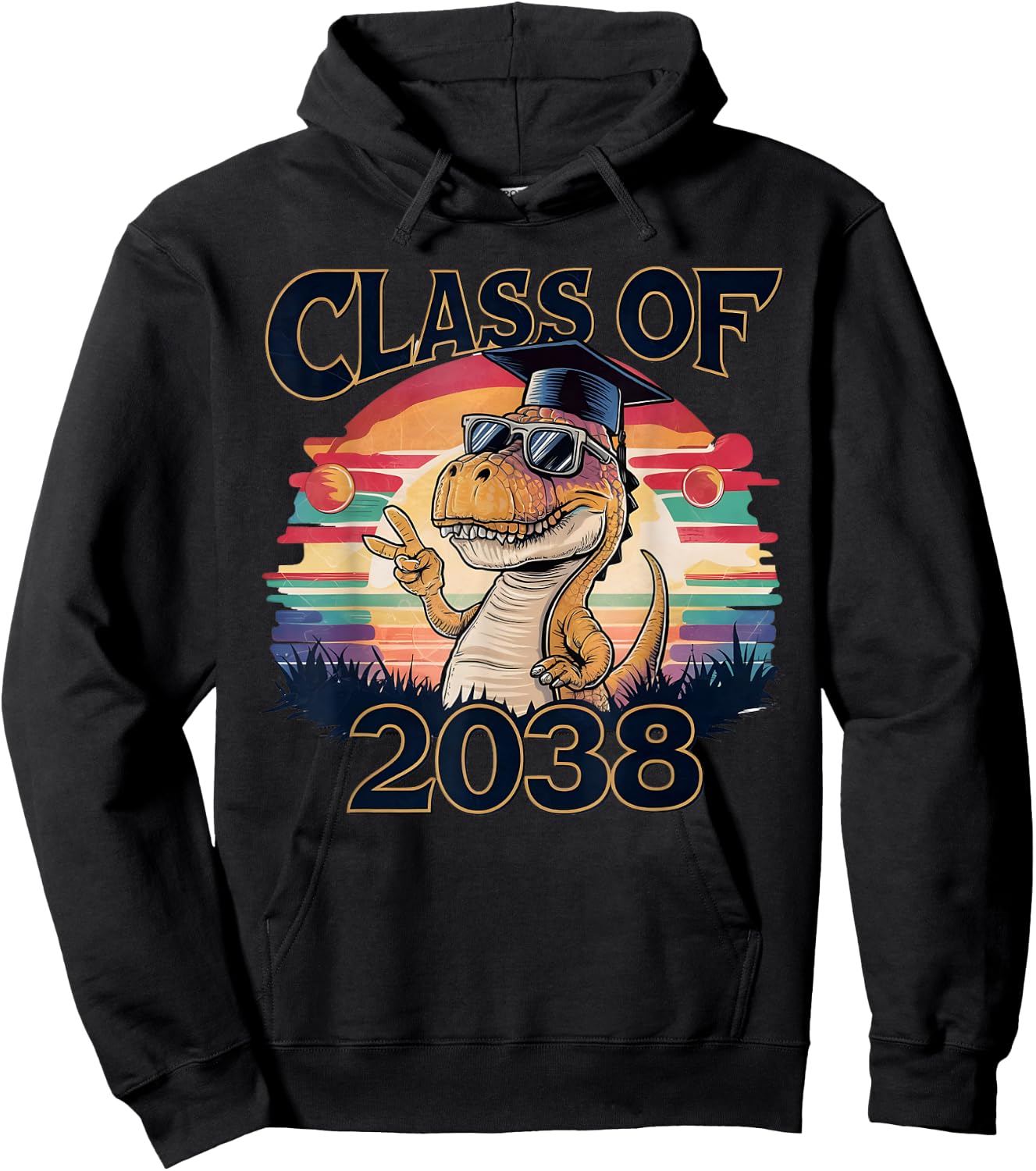 Class of 2038 Dinosaur Peace sign hand Graduation retro Hoodie - Hoodie | Black