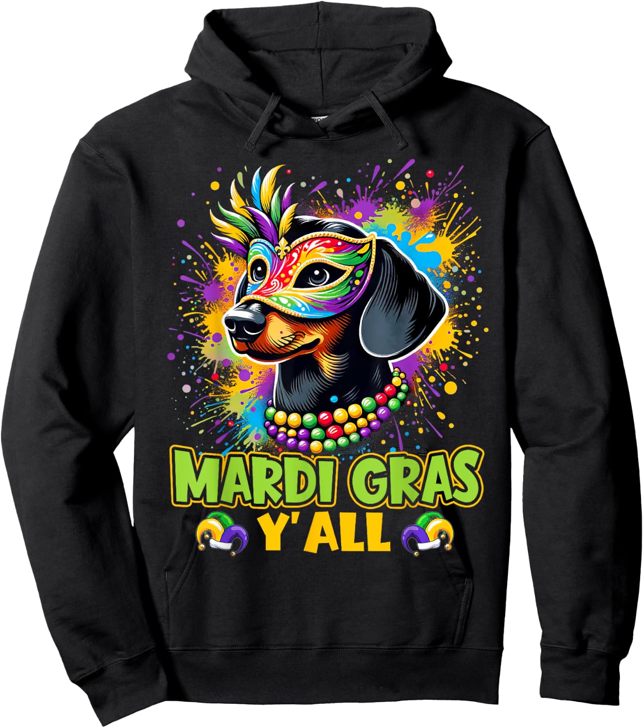 Dachshund Dog Mardi Gras Y'all With Beads Mask Colorful Hoodie - Hoodie | Black