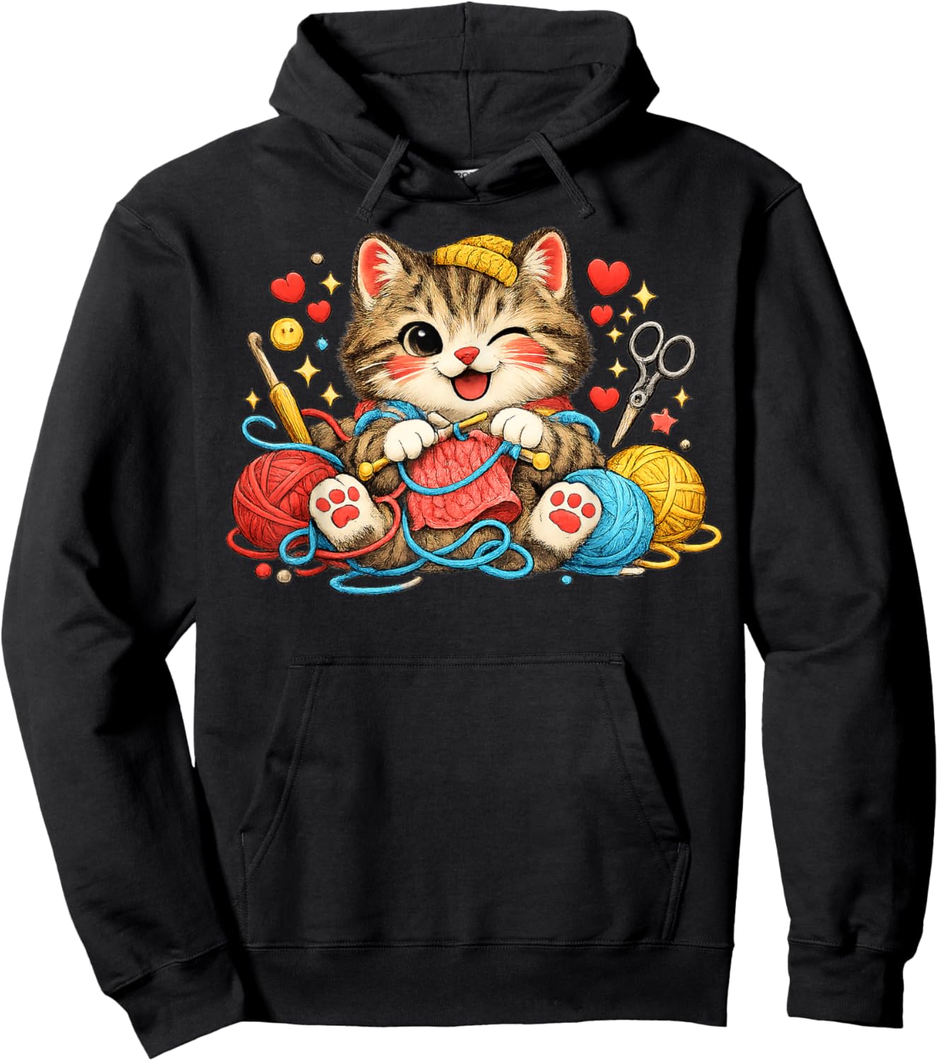 Funny Knitting Cat Crochet Yarn Lover Cute Cat Design Hoodie - Hoodie | Black