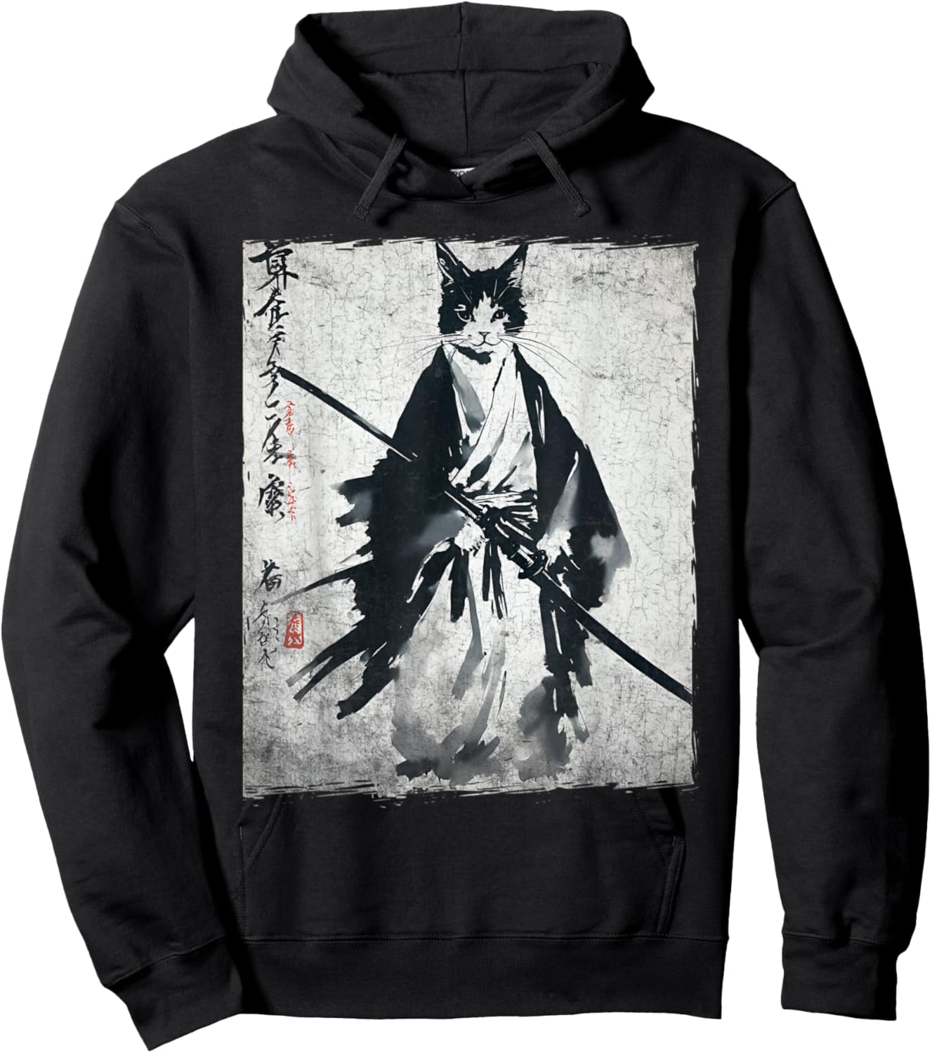 Samurai Cat Ukiyo-e Warrior Art Vintage Ninja Cat Graphic Hoodie - Hoodie | Black