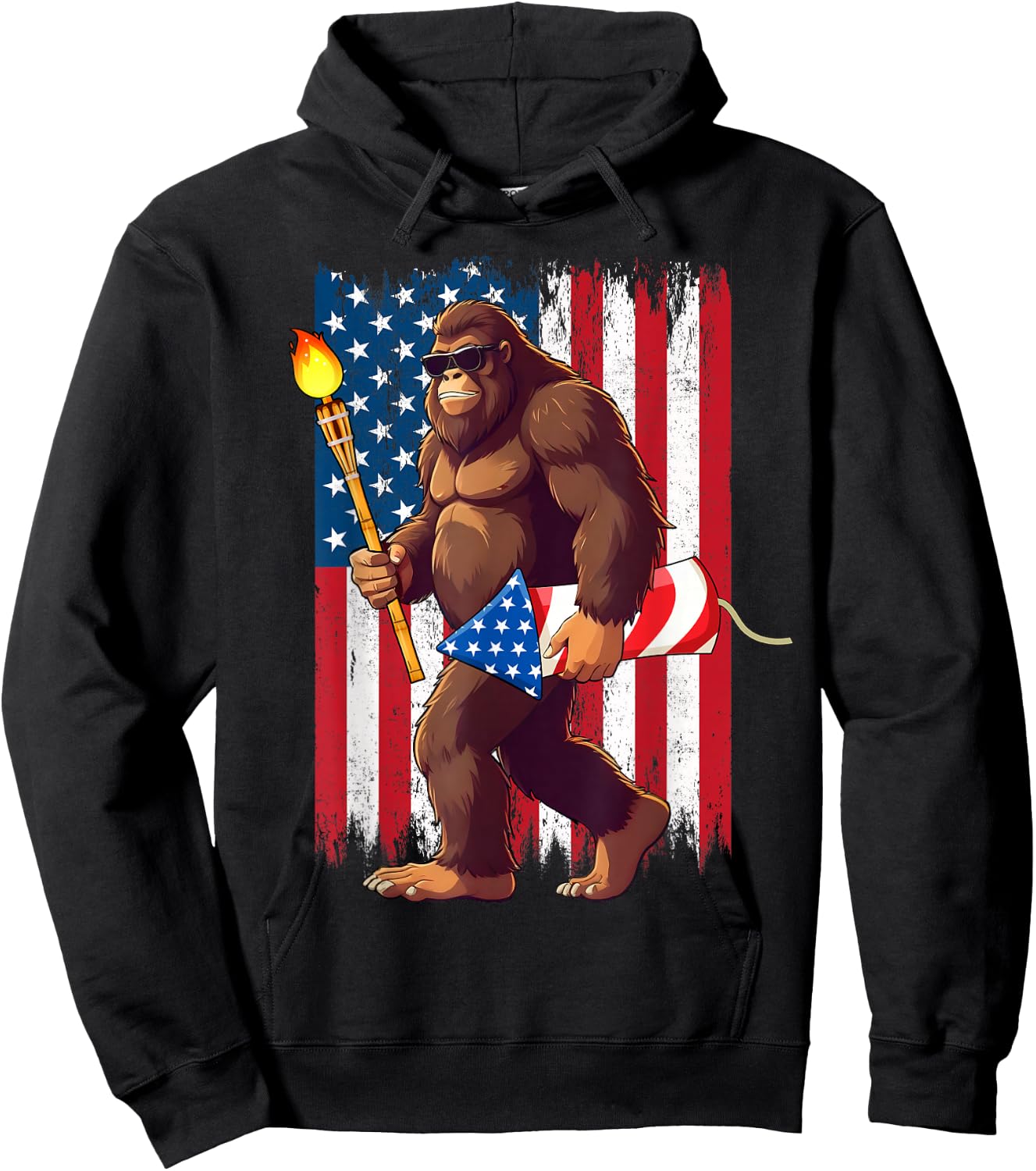 Bigfoot Fireworks 4th of July Sasquatch American US Flag Men Hoodie - Hoodie | Black