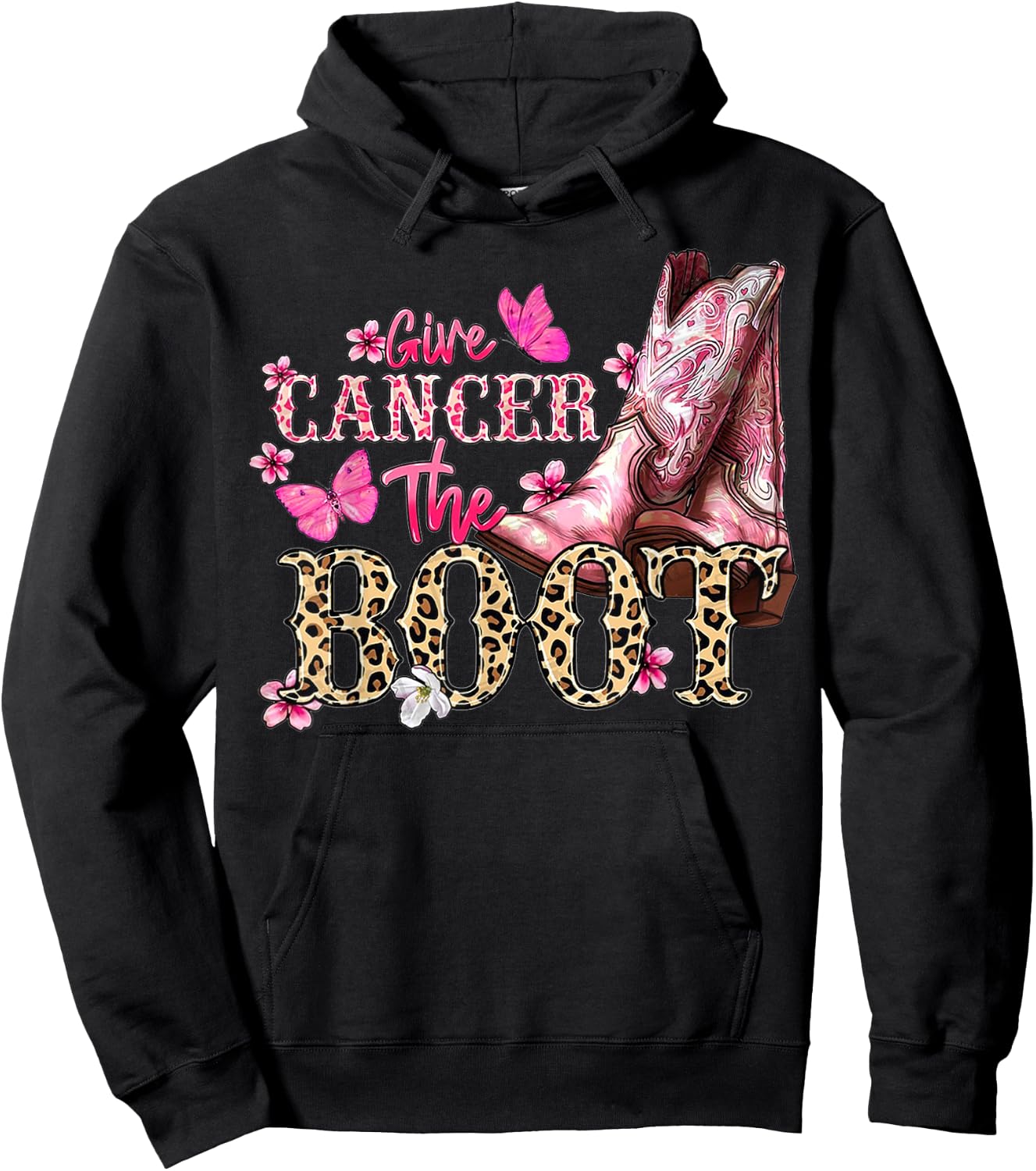 Give Cancer The Boot Western Cowgirl Leopard Breast Cancer Hoodie - Hoodie | Black