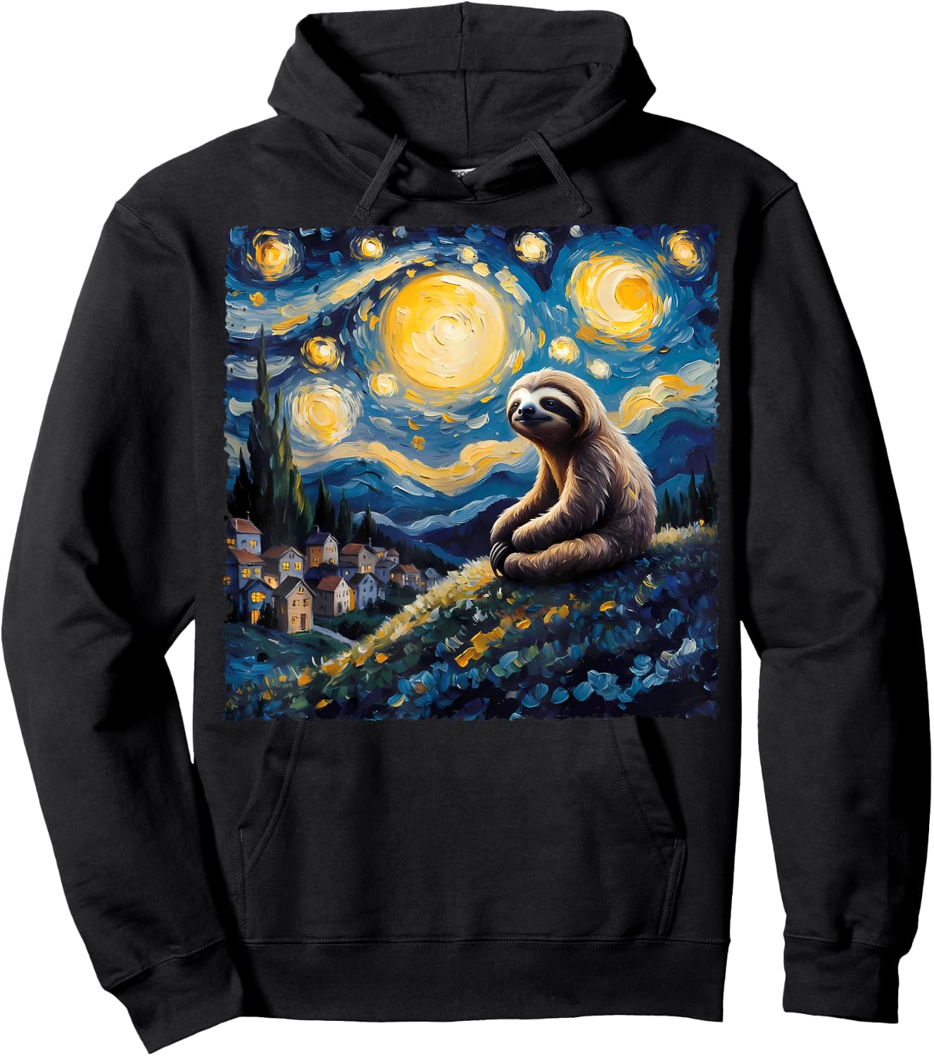 Van Gogh Style Funny Sloth Lover The Starry Night Painting Hoodie - Hoodie | Black