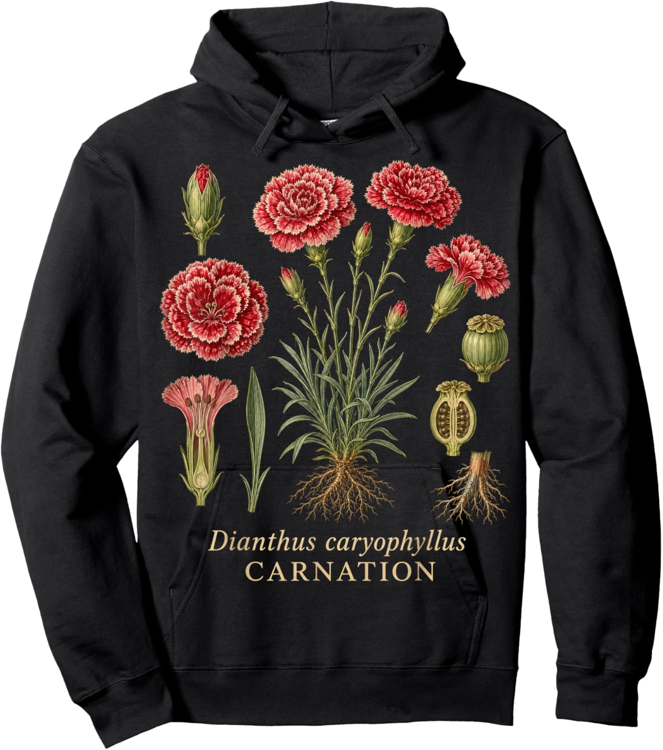 Carnation Botanical Flower Vintage Style Hoodie - Hoodie | Black