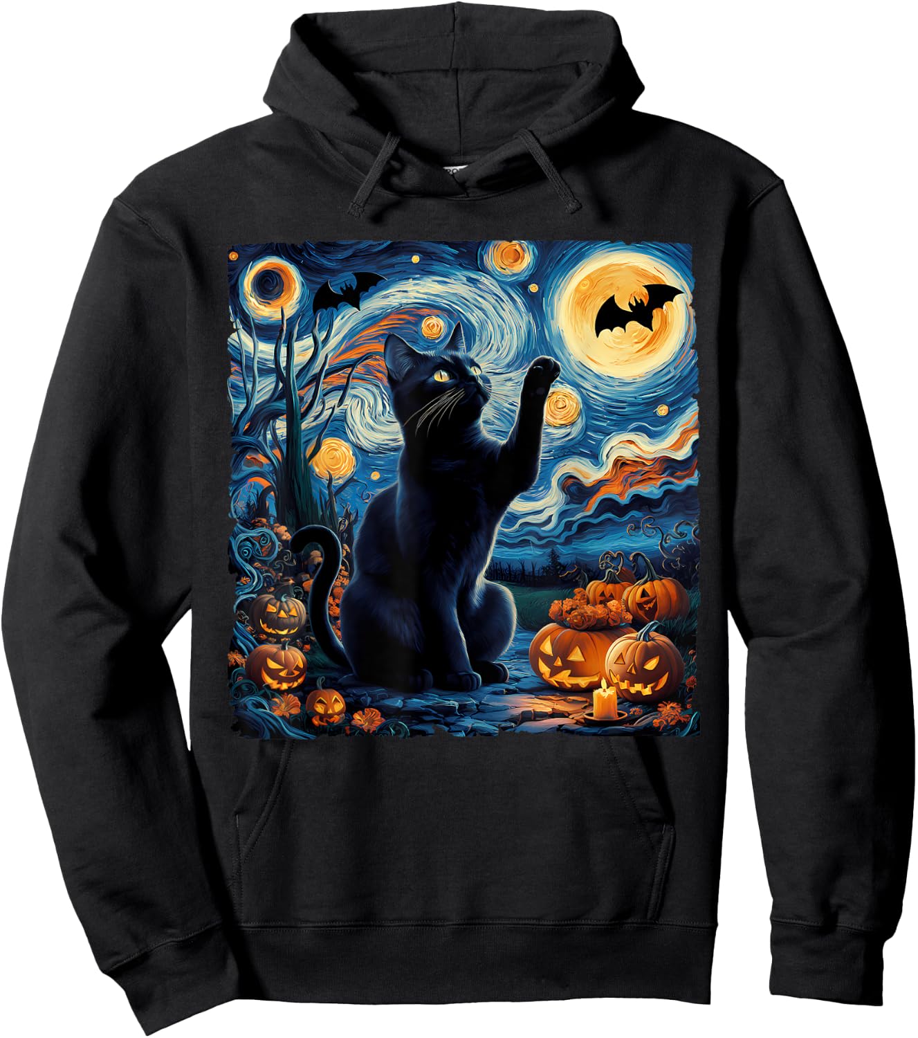 Halloween Van Gogh' Starry Night Black Cat Pumpkins Bats Women Kids Hoodie - Hoodie | Black