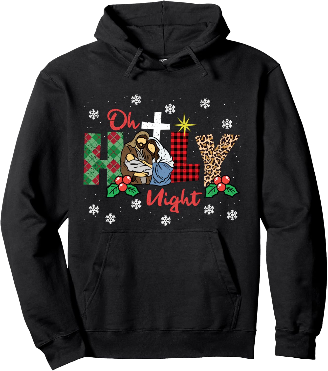 Oh Holy Night Christmas Pajama X-Mas Plaid Christian Hoodie - Hoodie | Black