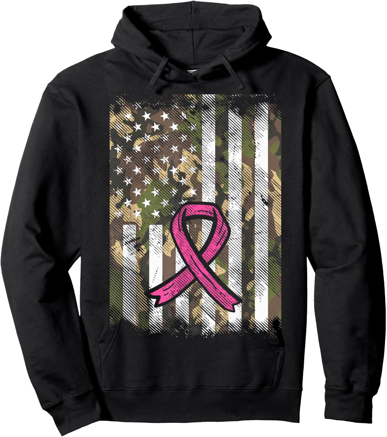 Camo Flag Pink Ribbon Breast Cancer Awareness Patriotic Hoodie - Hoodie | Black
