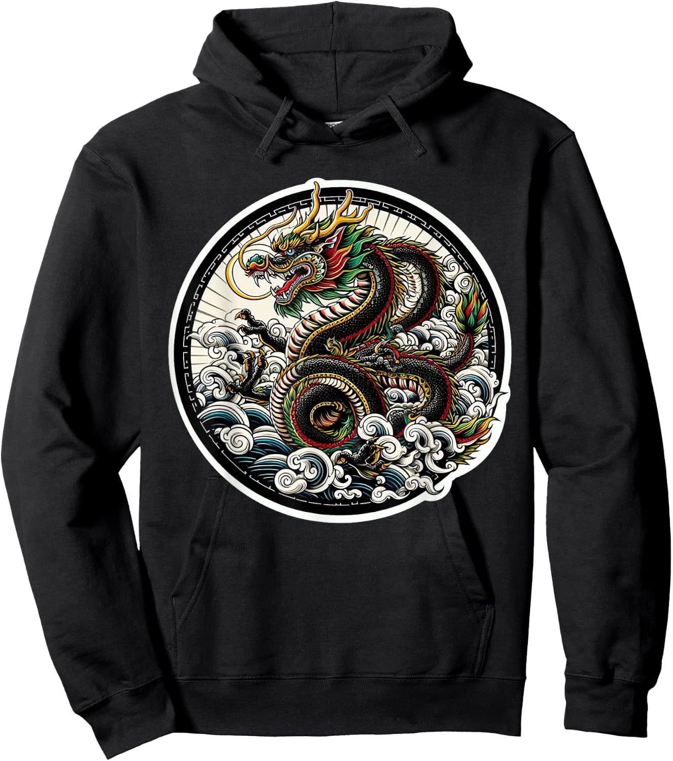 xDevery Asian Dragon Green Lucky Tattoo Design Colourful Vivid , Small, Black Hoodie - Hoodie | Black