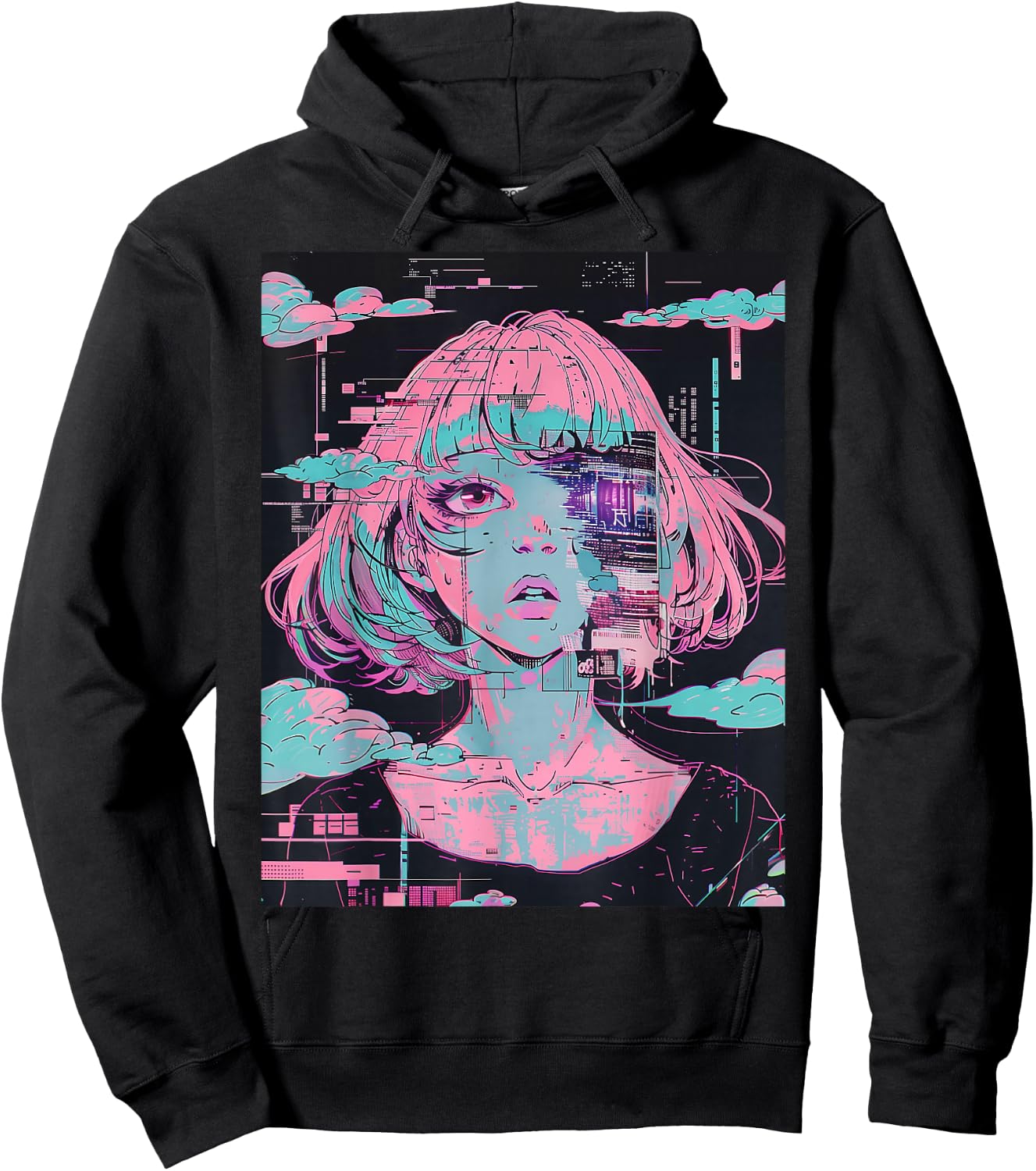 Anime Girl Vaporwave Glitchcore Pastel Goth Distressed Hoodie - Hoodie | Black