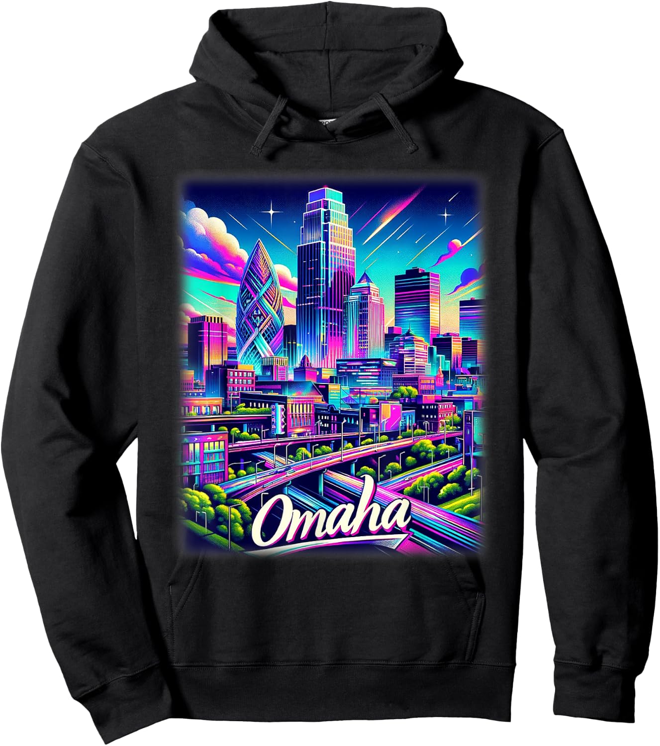 Omaha Nebraska Shirt Family Trip 80s 90s Retro City Skyline Hoodie - Hoodie | Black