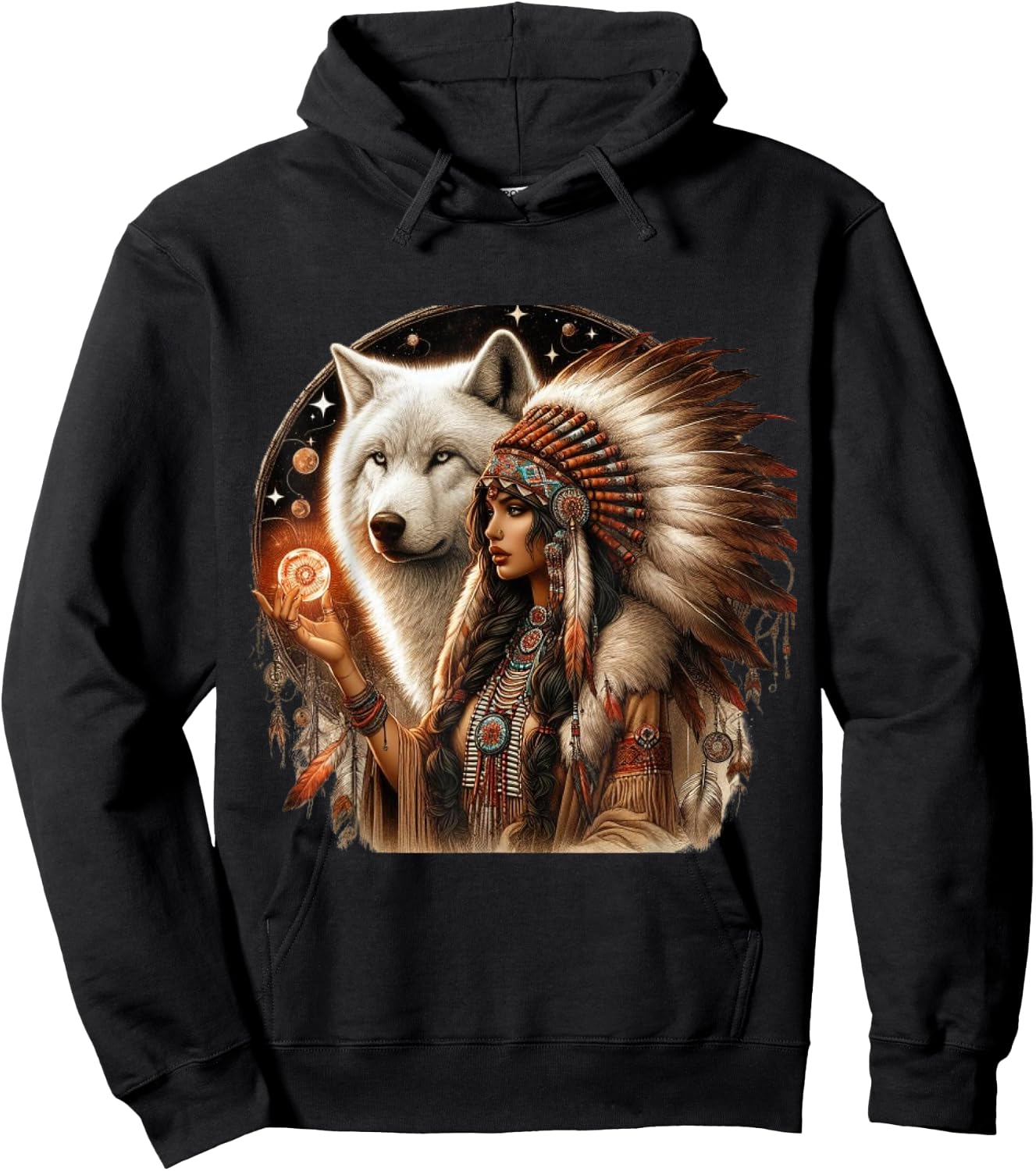 Indian Native American Woman With White Wolf Vitage Gifts Hoodie - Hoodie | Black