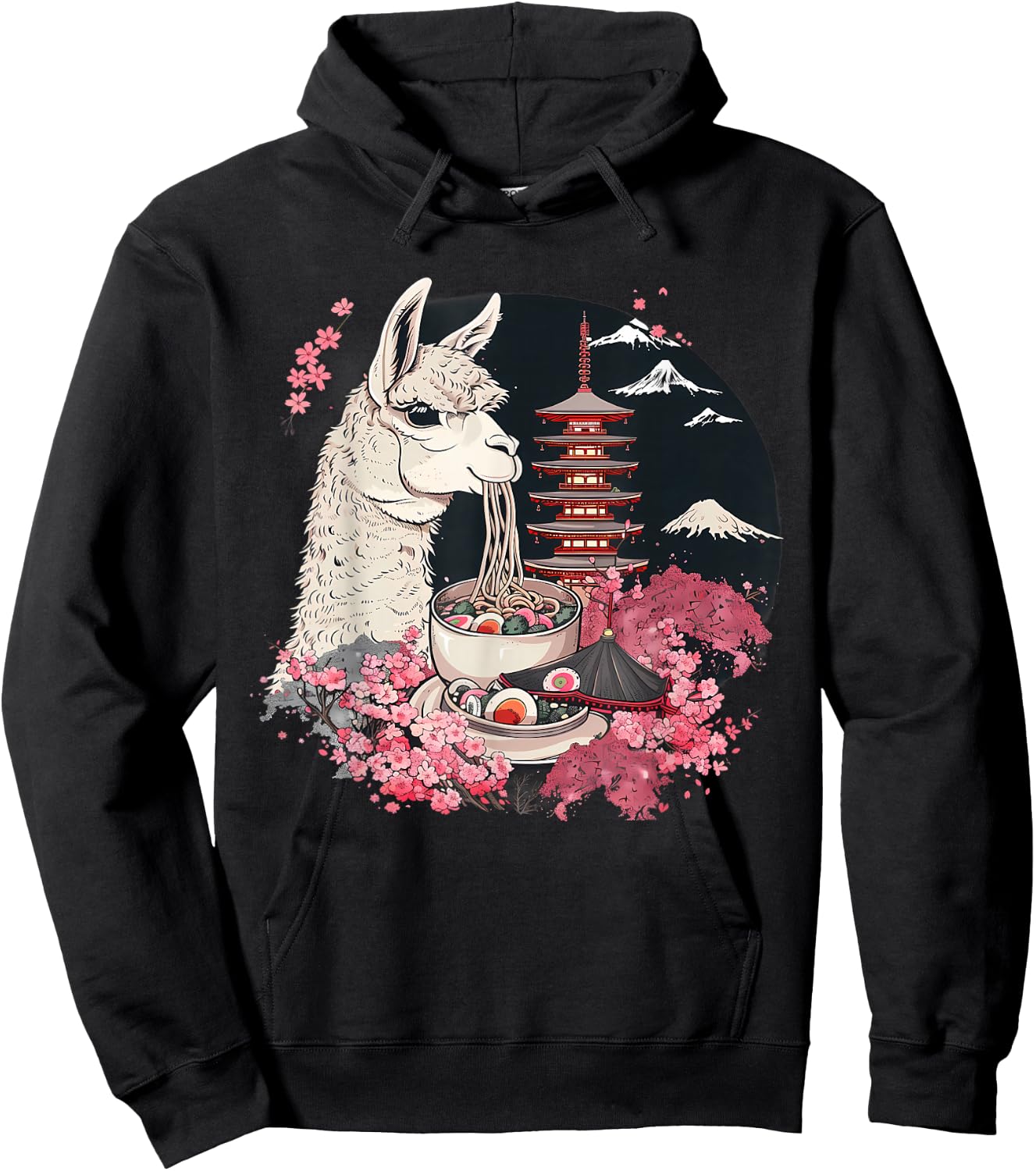 Llama Ramen Mount Fuji Sakura Pagoda Llamen Ramen Noodles Hoodie - Hoodie | Black