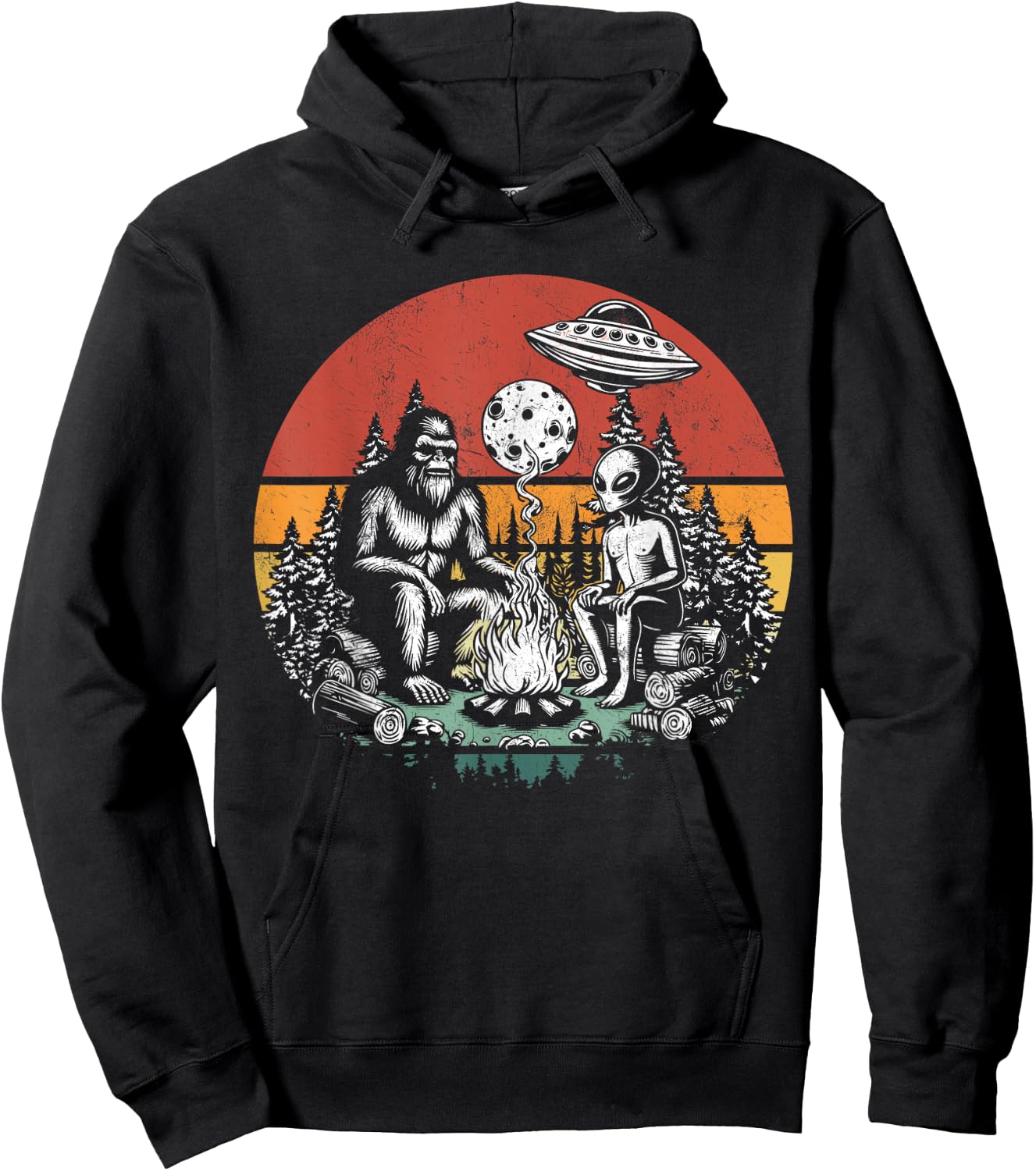Outdoor Camping UFO Funny Retro Bigfoot And Alien Campfire Hoodie - Hoodie | Black