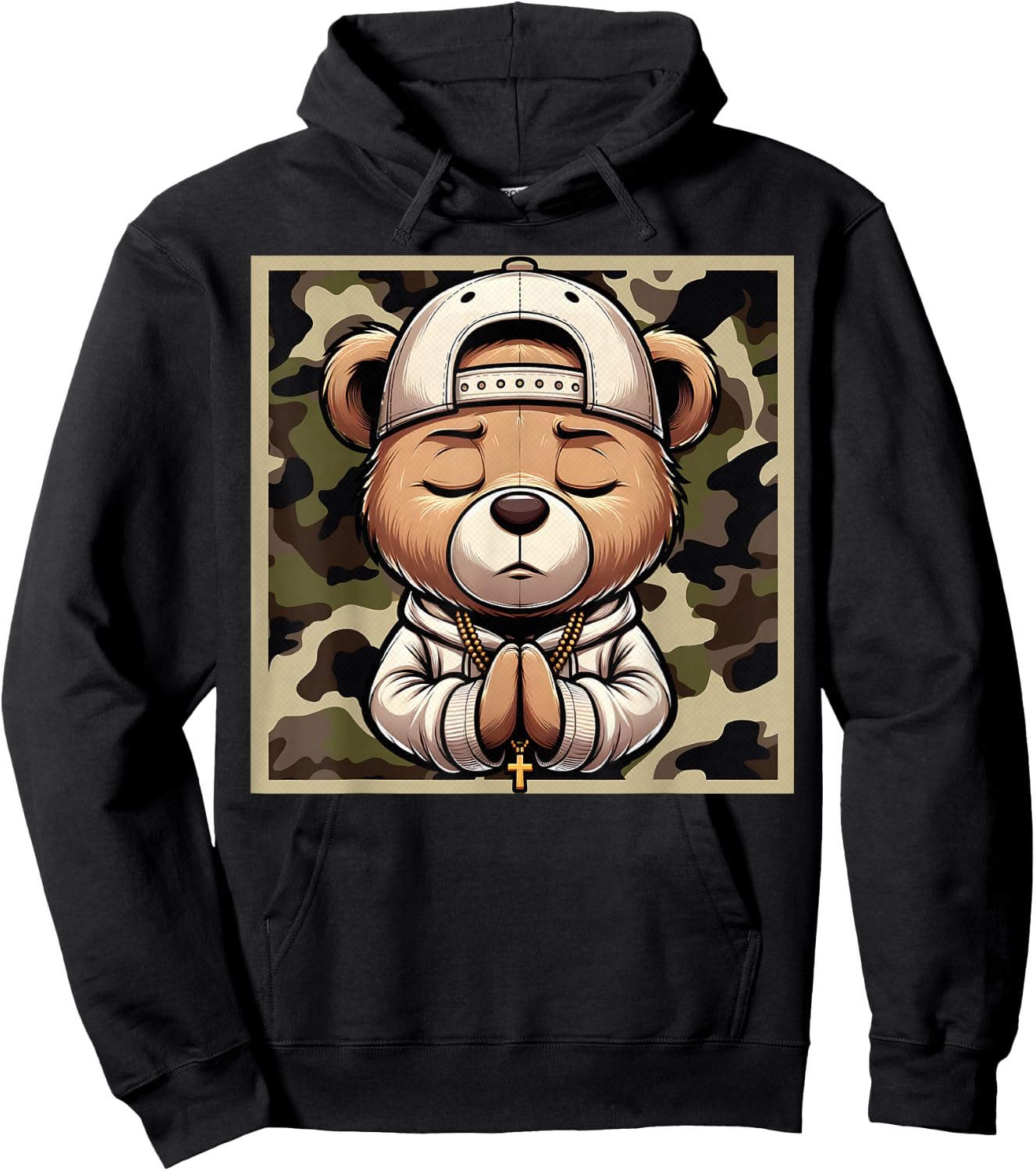 Camo Hip Hop Teddy Bear Praying Christian Streetwear Church Hoodie - Hoodie | Black