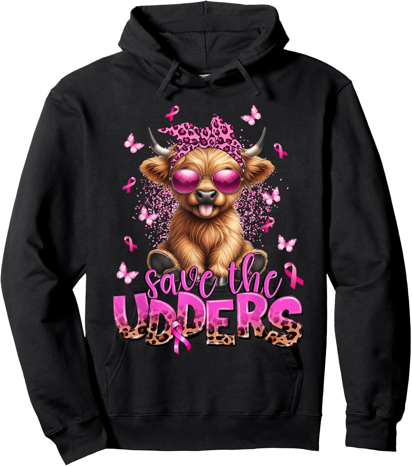 Save The Udders Breast Cancer Awareness Warrior Highland Cow Hoodie - Hoodie | Black