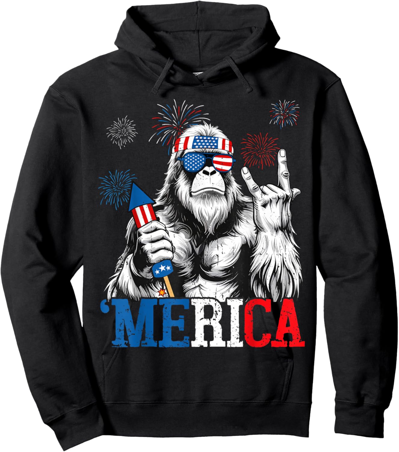 Bigfoot Merica 4th Of July Funny Boys Men Sasquatch Lover Hoodie - Hoodie | Black