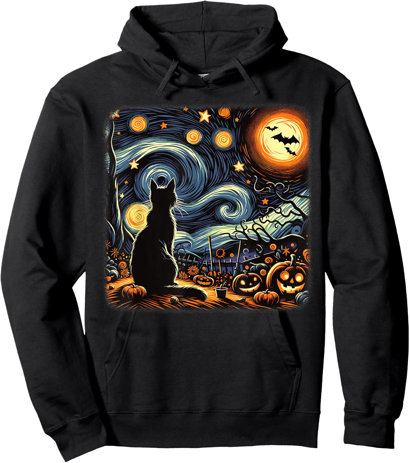 Halloween Black Cat Van Gogh Starry Night Cat Lovers Cat Hoodie - Hoodie | Black
