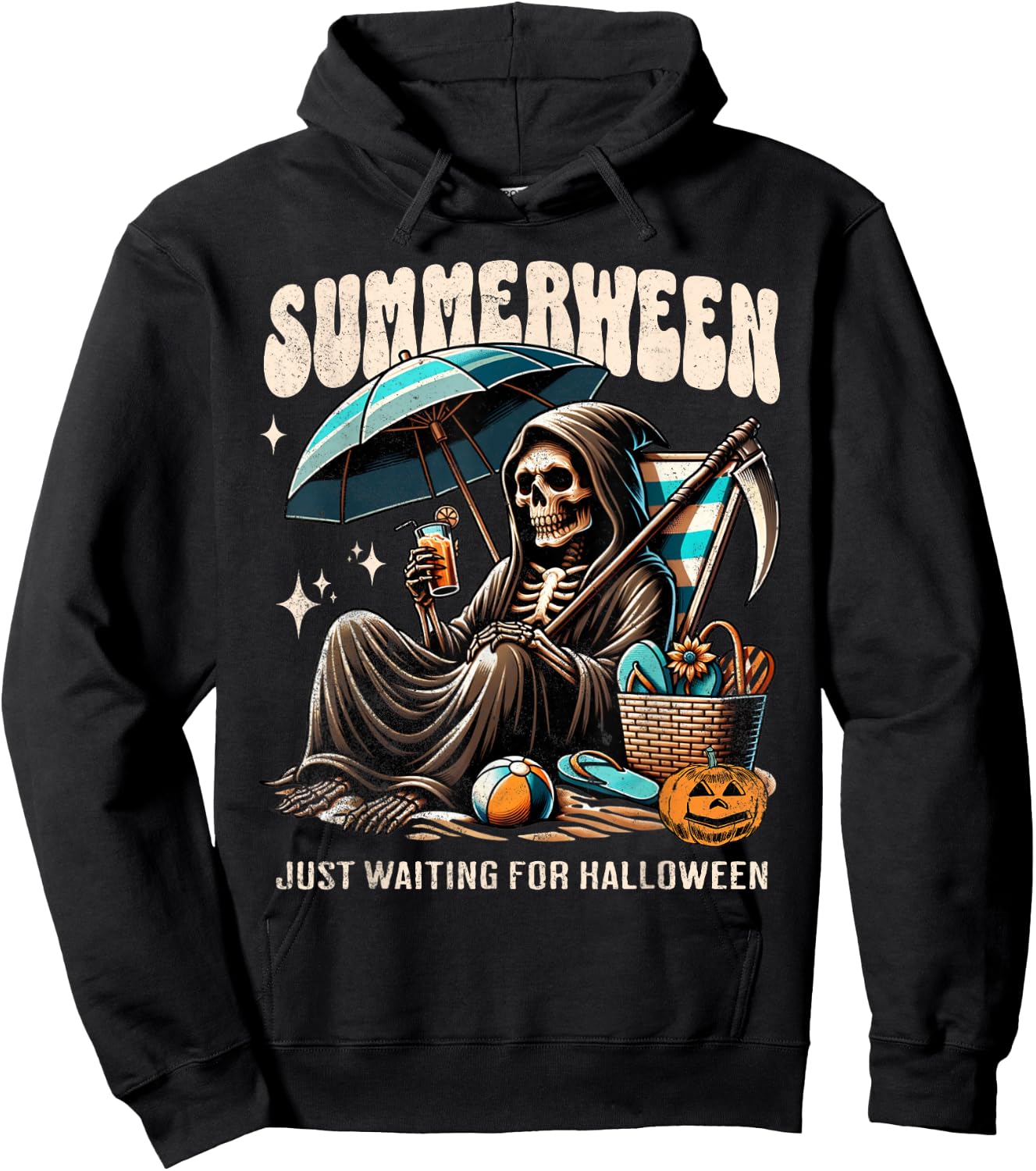 Summerween Grim Reaper Skeleton Summer Vibes Halloween Ghost Men Women Kids Hoodie - Hoodie | Black