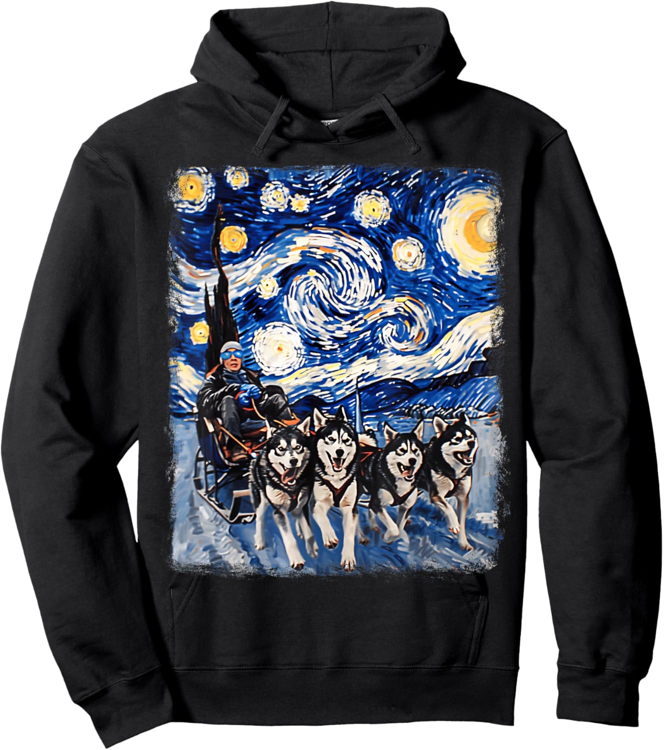 Mushing Sled Dog Siberian Husky Starry Night Painting Hoodie - Hoodie | Black