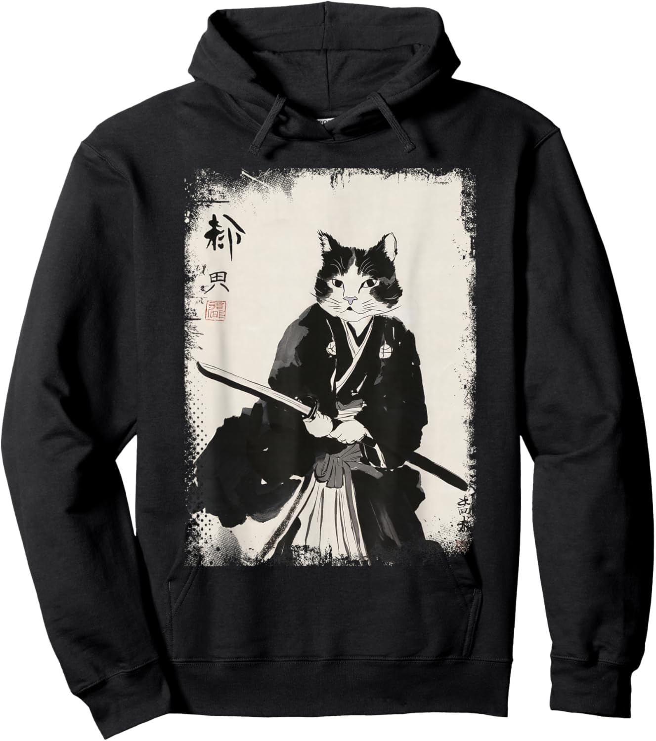 Cat Samurai Warrior Vintage Ukiyo-e Art Japanese Katana Hoodie - Hoodie | Black