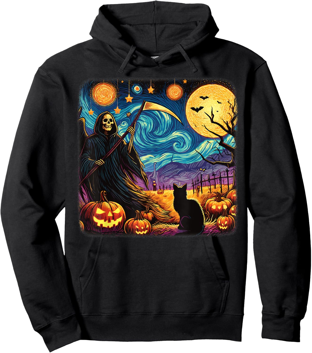 Halloween Van Gogh Starry Night Grim Reaper Pumpkins Cats Hoodie - Hoodie | Black