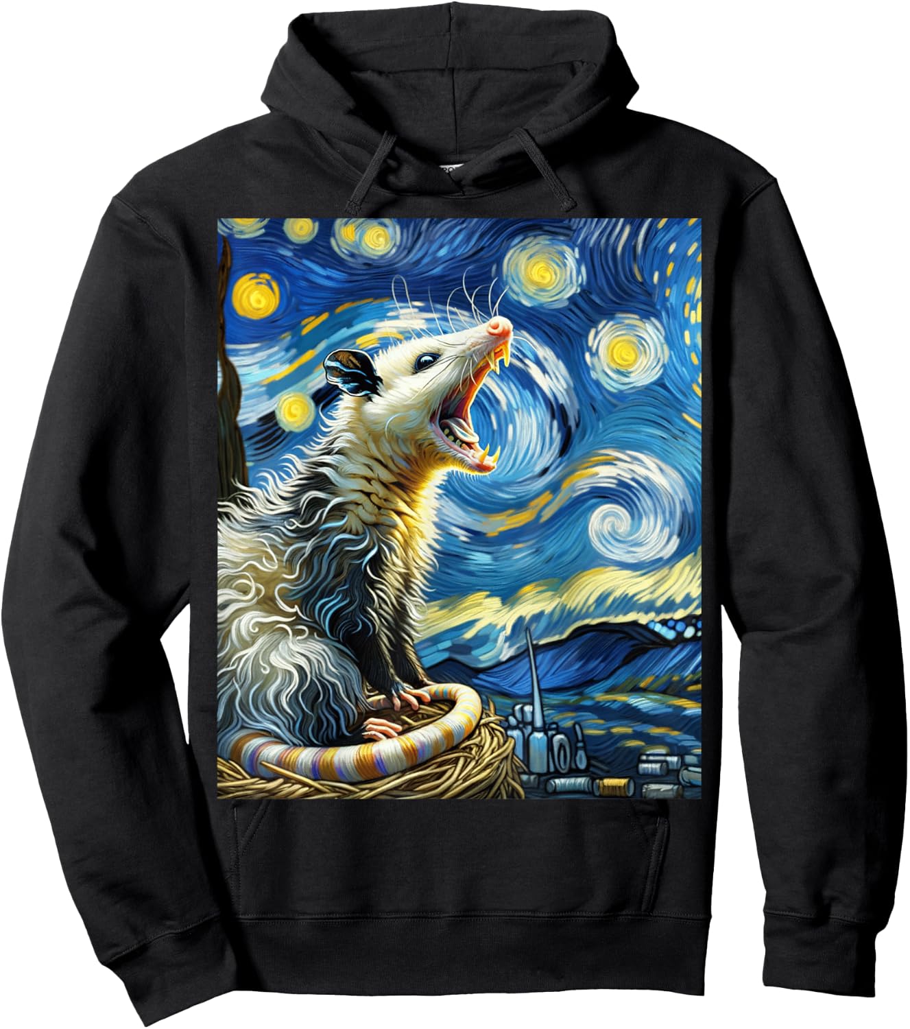 Opossum Screaming, Van Gogh Starry Night Style, Possum Hoodie - Hoodie | Black