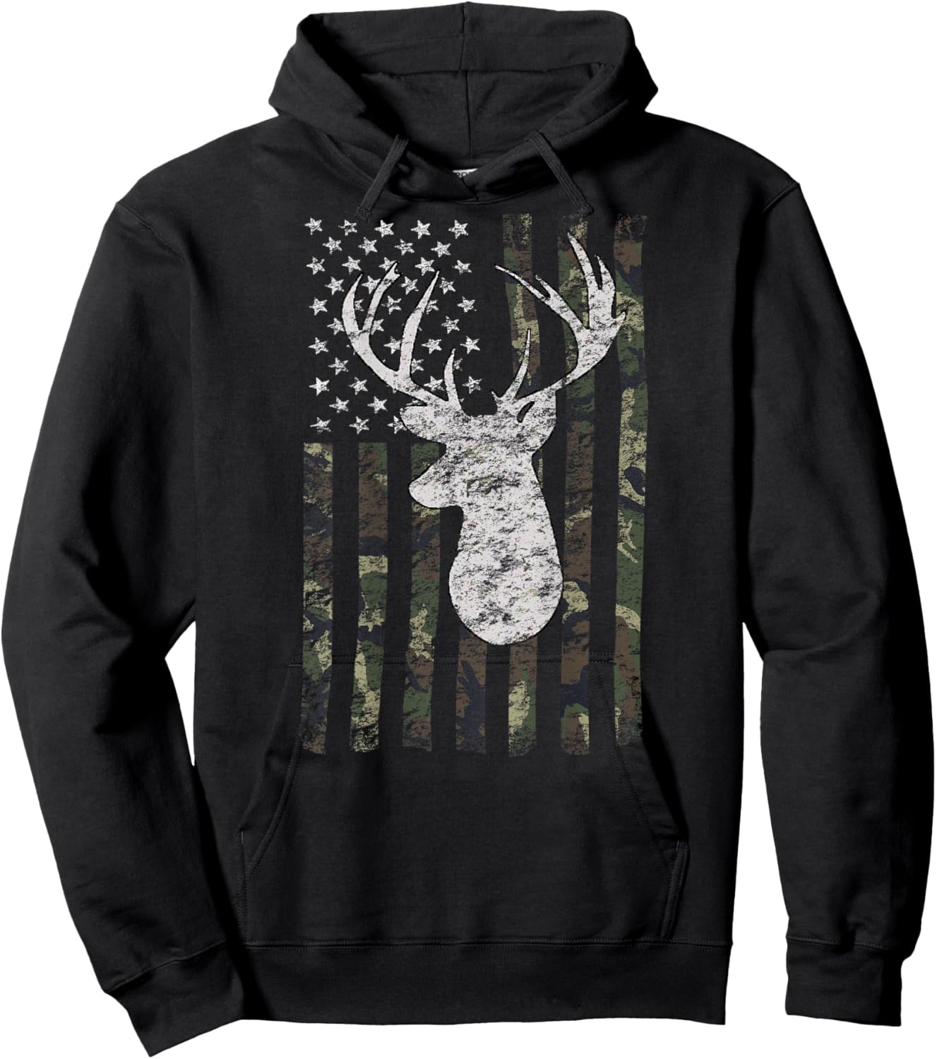 Deer Hunting American Flag Camo Buck Silhouette (on Back) Kids Men Hoodie - Hoodie | Black