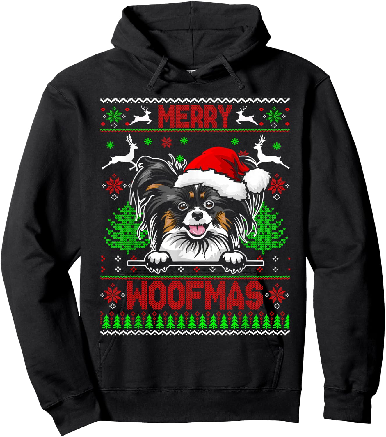 Merry Woofmas Christmas Santa Papillon Sweater Hoodie - Hoodie | Black