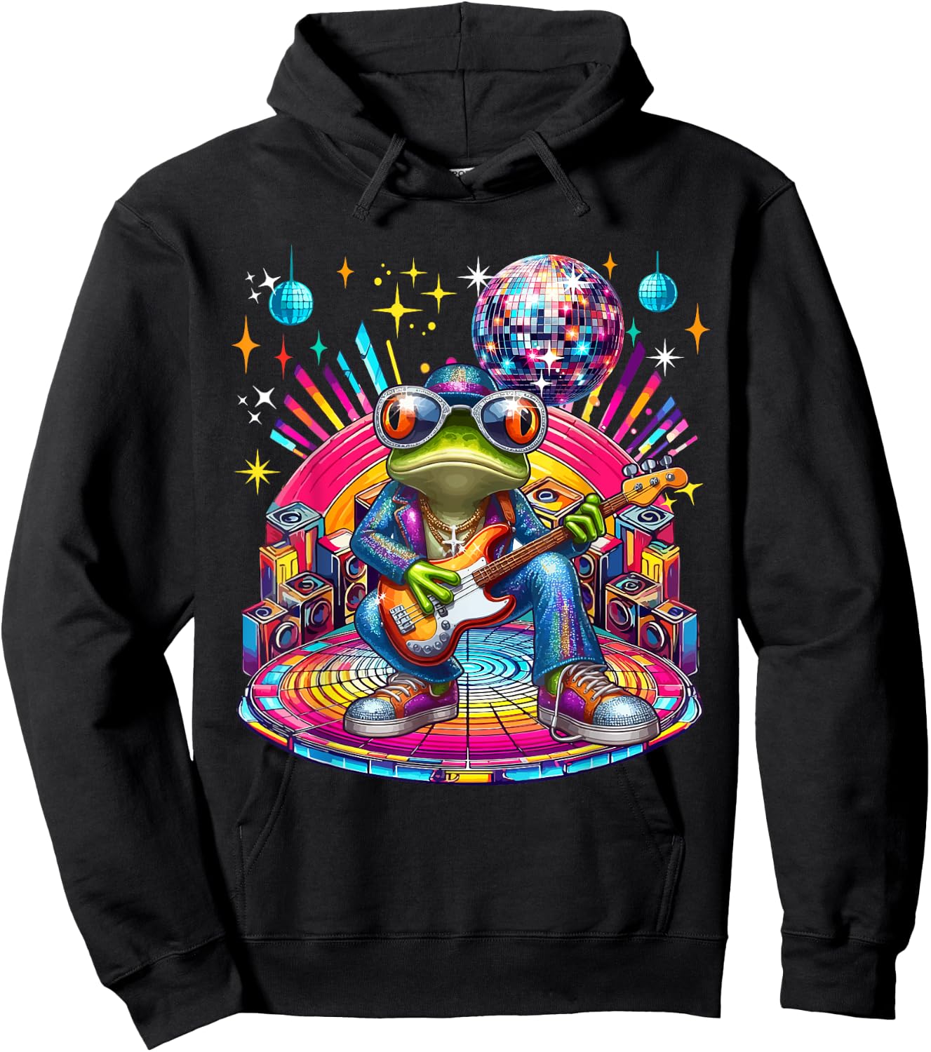 Frog Sunglasses Playing Guitar Colorful Costume Disco Hoodie - Hoodie | Black