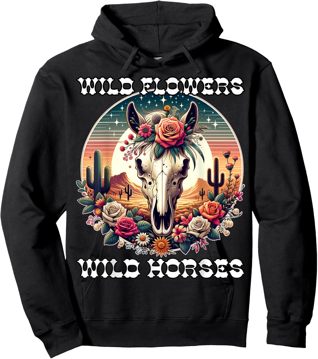 Wild Flowers and Wild Horses Vintage Sunset Country Cowgirl Hoodie - Hoodie | Black