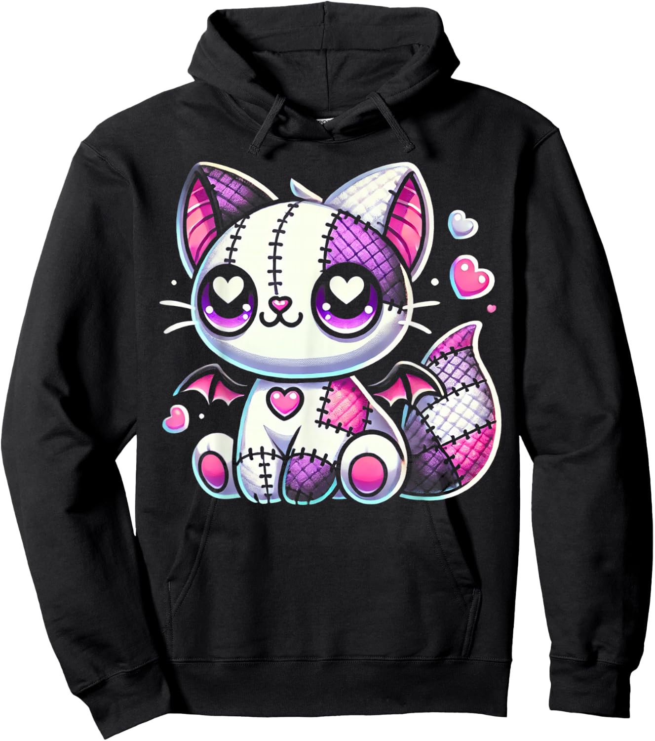 Kawaii Pastel Goth Creepy and Witchy Zombie Patchwork Cat Hoodie - Hoodie | Black