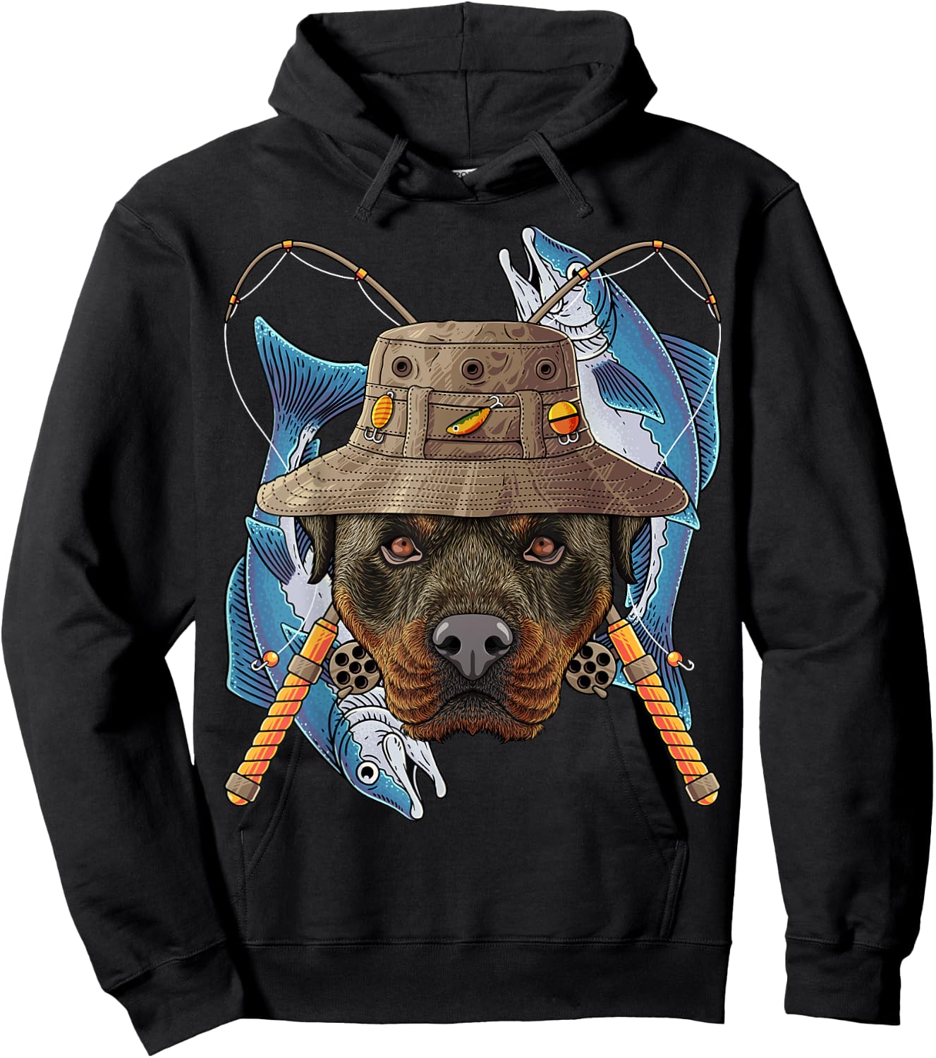 Fishing Rottweiler Outdoor Fisherman Dog Cute Fly Fishing Hoodie - Hoodie | Black