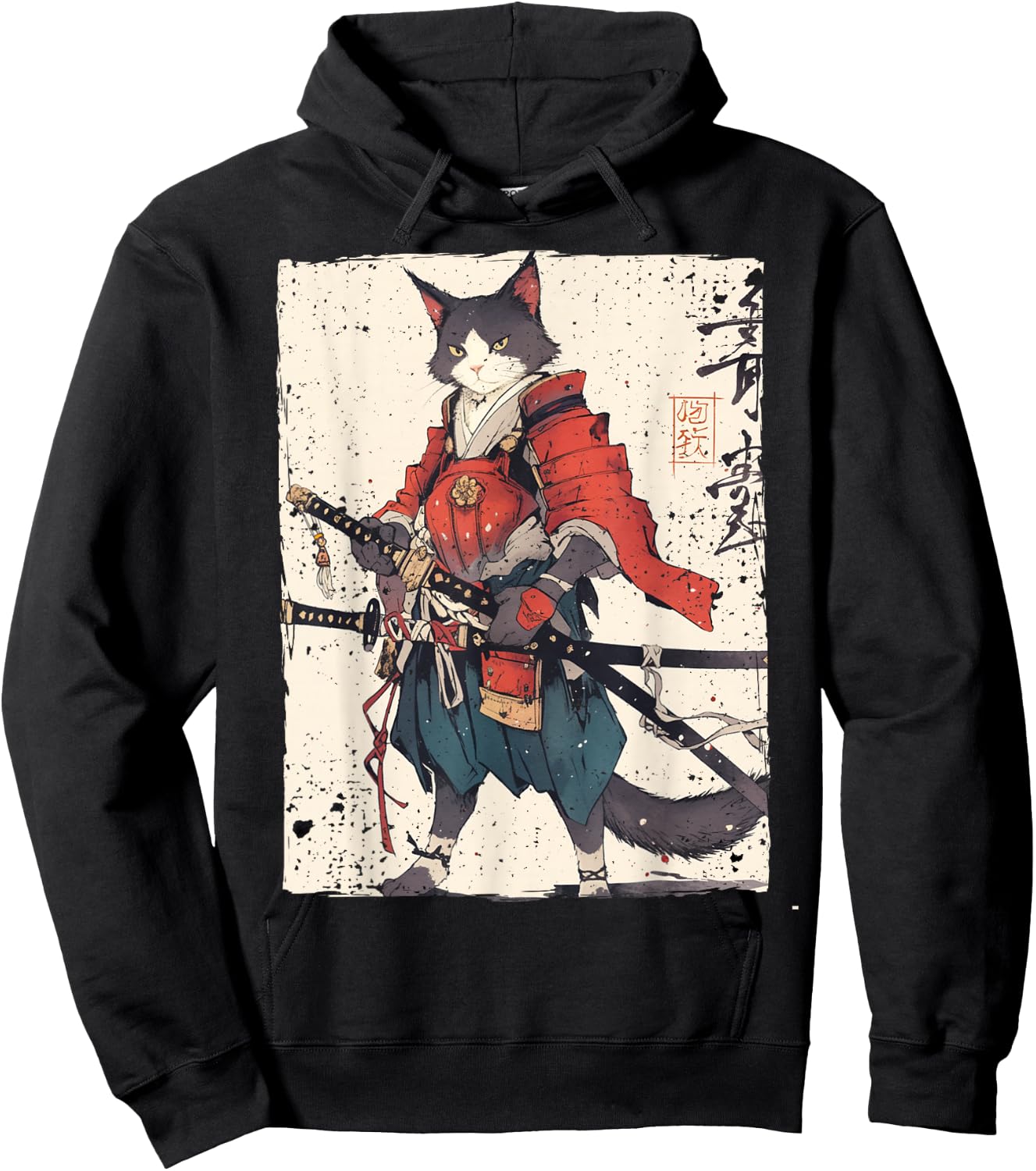 Samurai Cat Warrior Ukiyo Ink Artwork Cat Samurai Women Girls Kids Hoodie - Hoodie | Black
