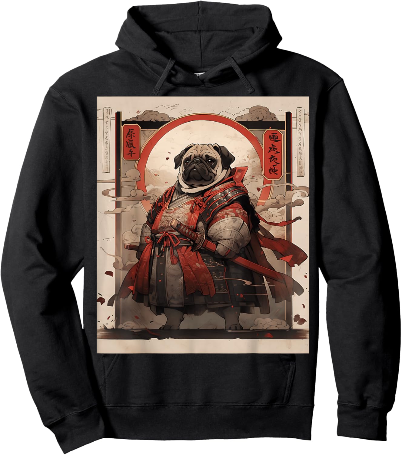 Samurai Pug Dog Retro Japanese Ukiyo-e Warrior Fighter Art Women Kids Hoodie - Hoodie | Black