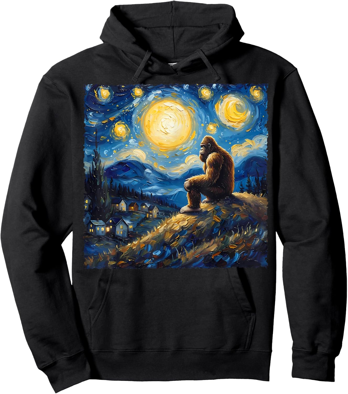 Van Gogh Style Funny Bigfoot Lover Starry Night Painting Hoodie - Hoodie | Black