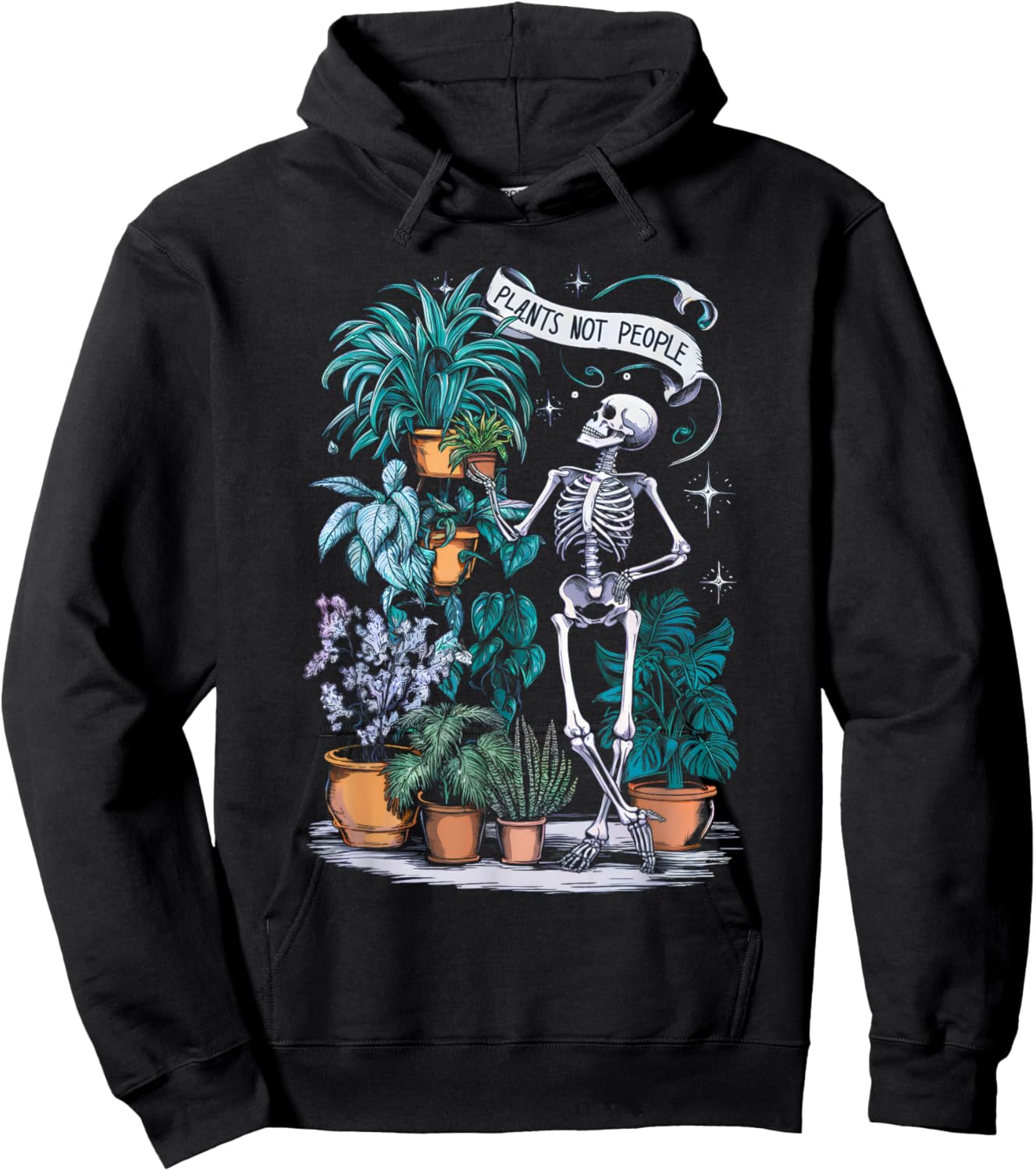Plants Not People Skeleton Botanica Lover Gardener Cactus Hoodie - Hoodie | Black