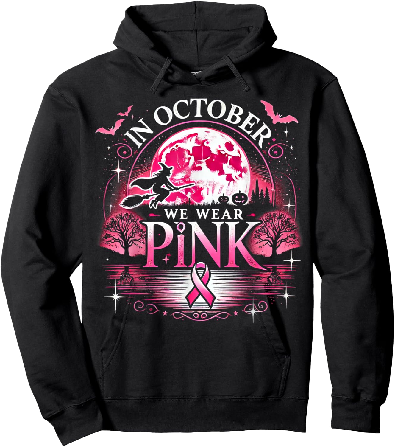 October We Wear Pink Witch Halloween Moon Hoodie - Hoodie | Black