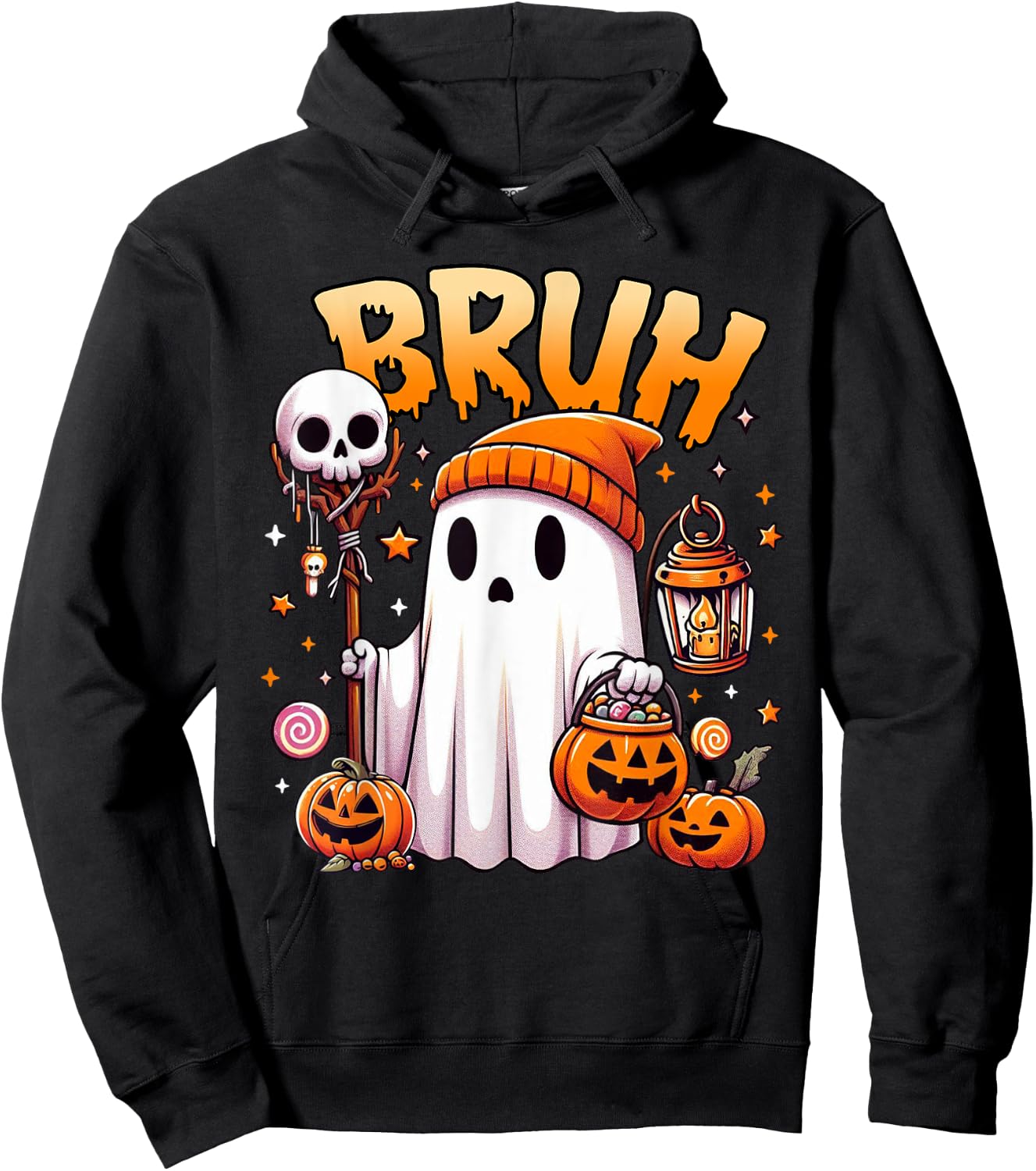 Bruh Ghost Halloween Cute Ghost Trick Or Treat Candy Kids Hoodie - Hoodie | Black