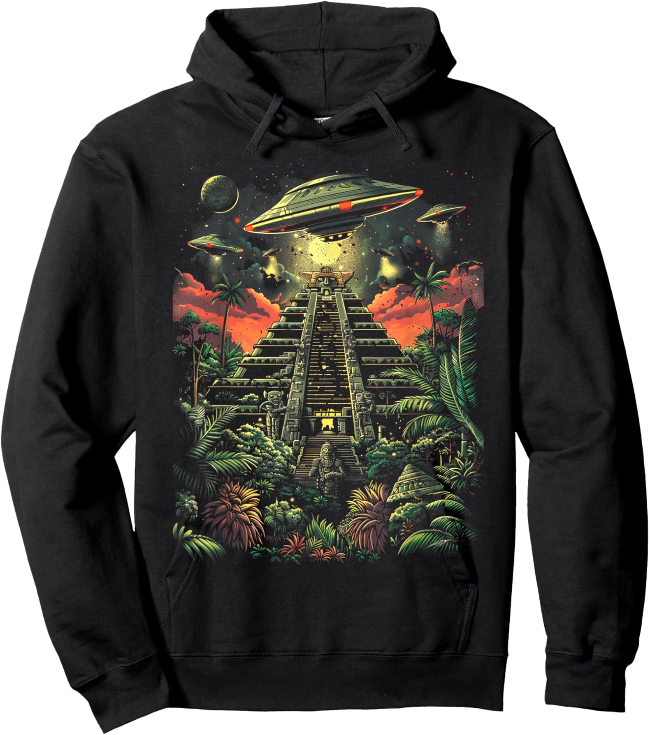 UFO Ancient Alien Pyramid South America Jungle Hoodie - Hoodie | Black