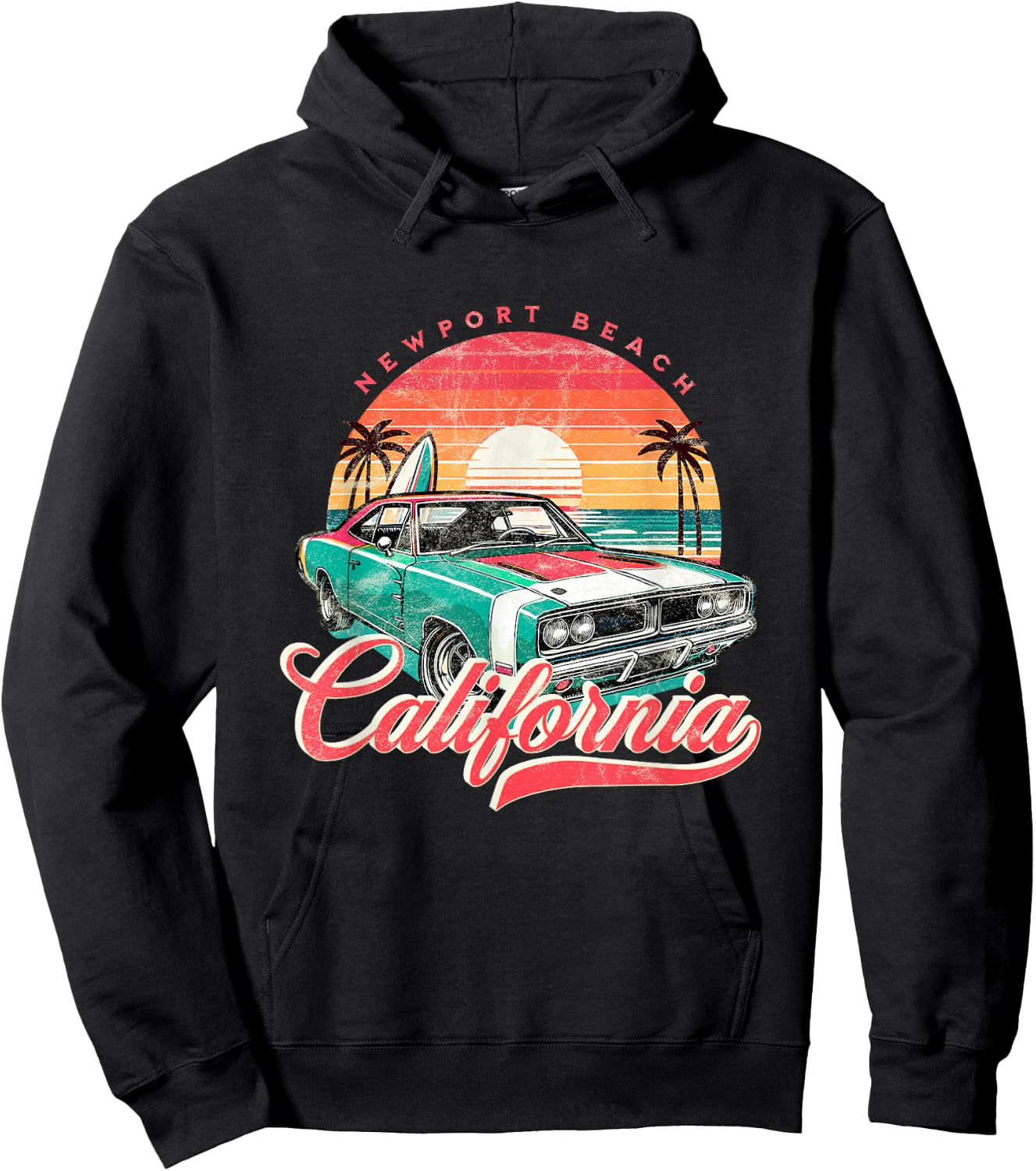 Classic Muscle Car Retro Newport Beach California Surfer Sun Hoodie - Hoodie | Black