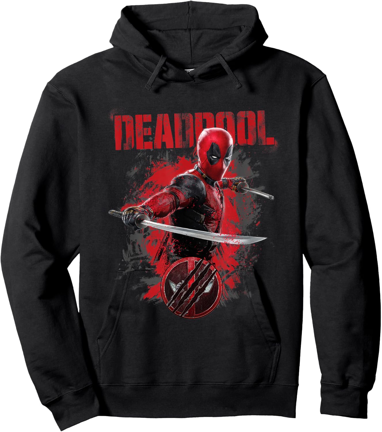Marvel Deadpool & Wolverine Distressed Red Stamp Hero Logo Hoodie - Hoodie | Black
