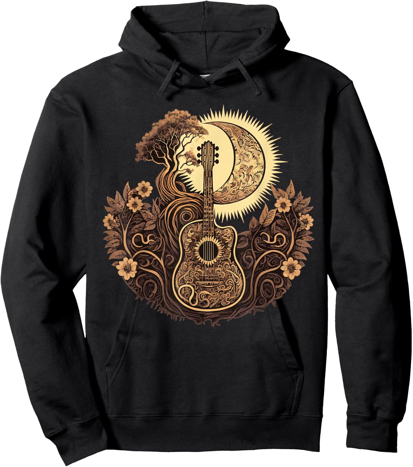 Acoustic Guitar Tree With Moon Guitarist Hoodie - Hoodie | Black