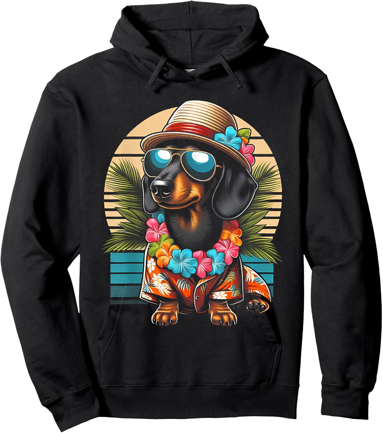 Retro Hawaiian Dachshund Dog Tropical Floral Summer Vibes Women Kids Hoodie - Hoodie | Black