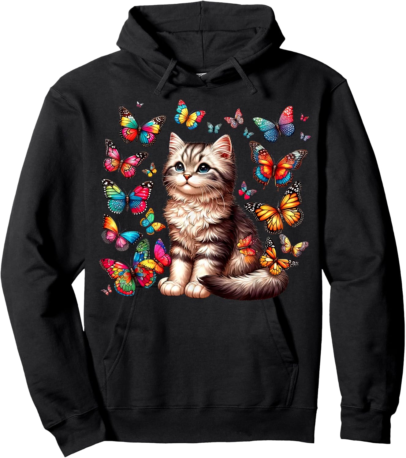 Cute Cat With Colorful Butterfly Art Pet Lover Kitten Women Girls Kids Hoodie - Hoodie | Black