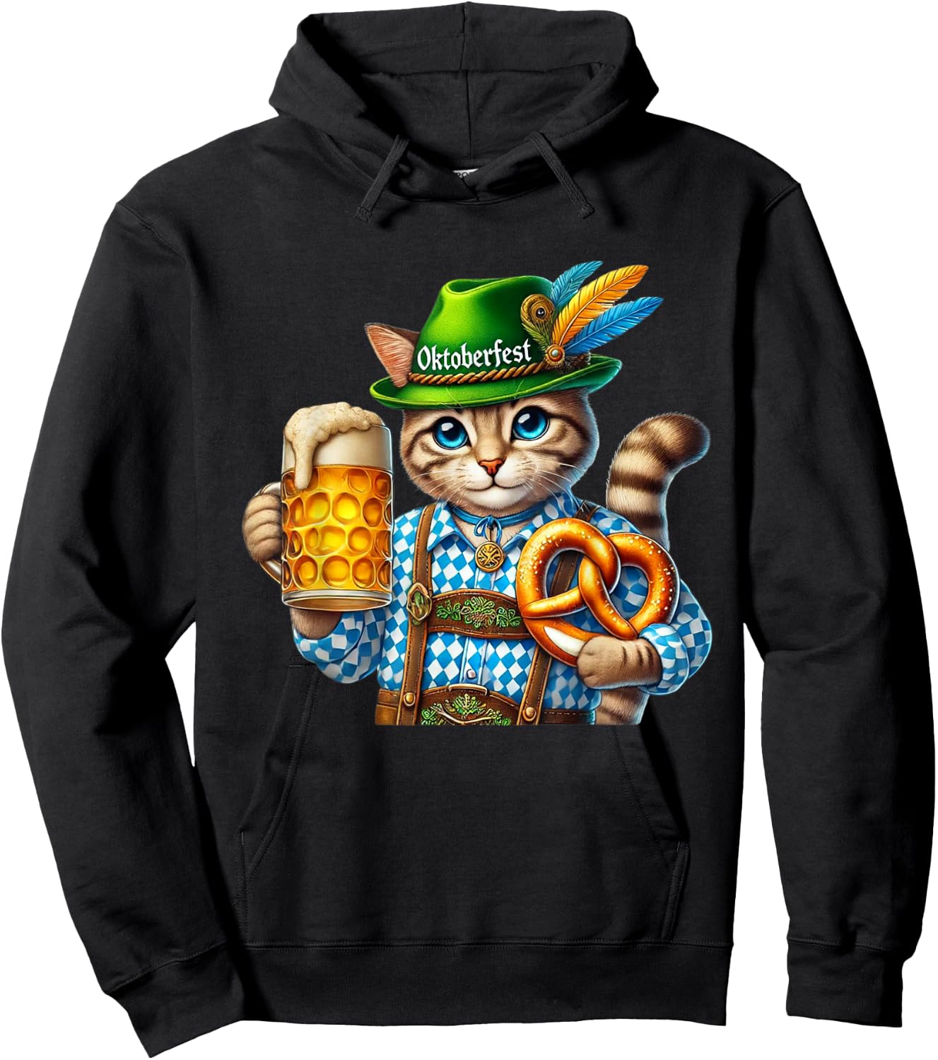 Oktoberfest Cat Beer Pretzel Costume Lederhosen Hoodie - Hoodie | Black