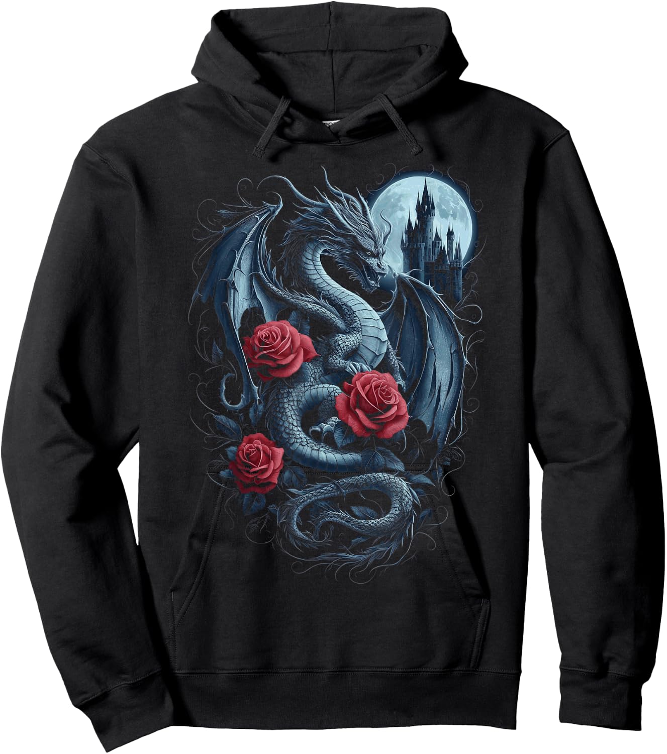 Dragon With Roses And Full Moon Dark Art Hoodie - Hoodie | Black
