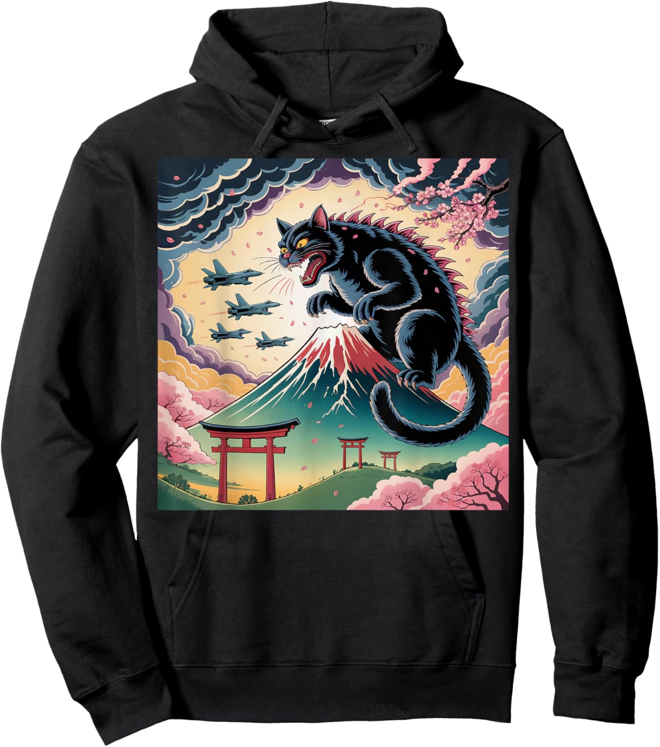 Catzilla Cat Japanese Art Kids Cat Lover Hoodie - Hoodie | Black