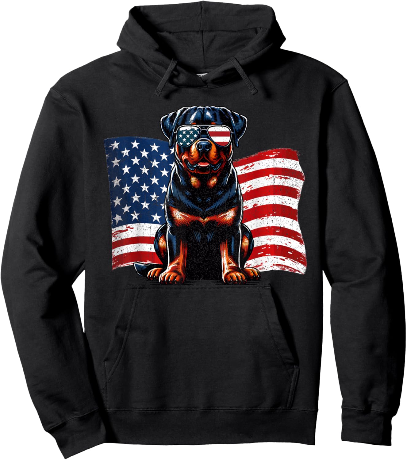 Vintage Rottweiler Dogs American Flag Sunglasses Patriotic Hoodie - Hoodie | Black