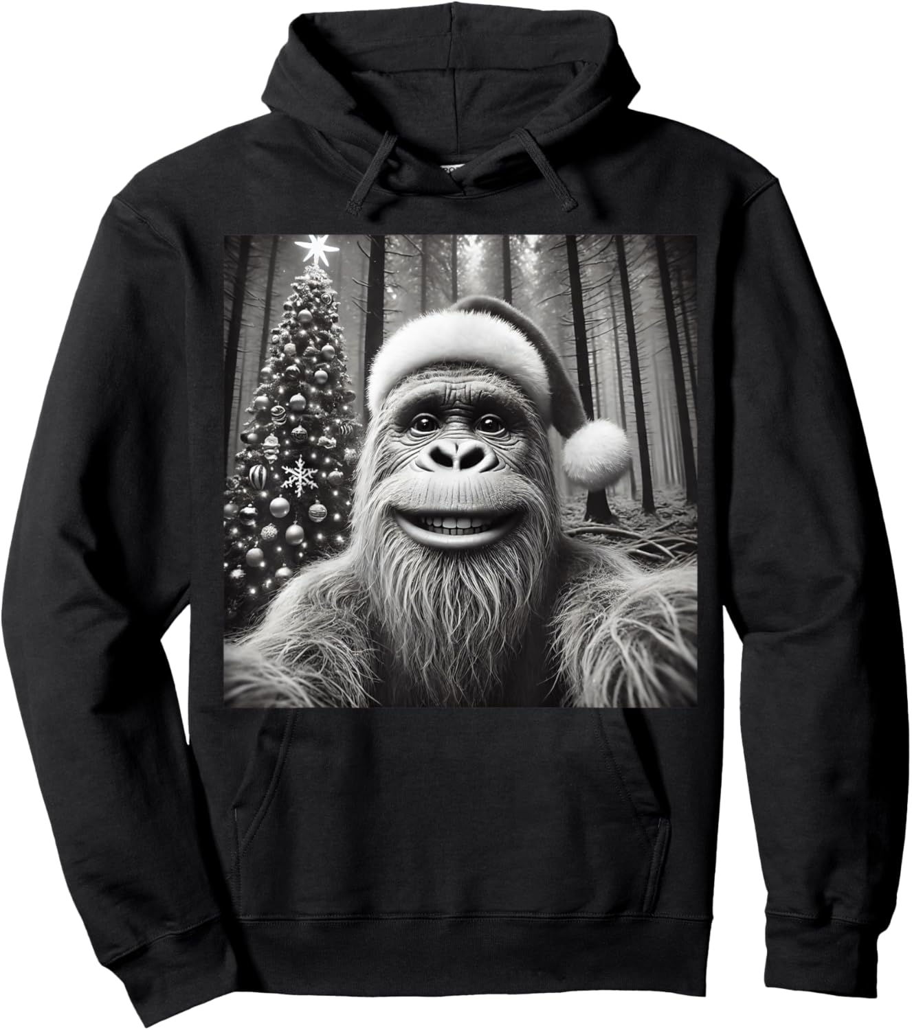 Funny Santa Bigfoot Selfie with Christmas Tree Men Women Hoodie - Hoodie | Black